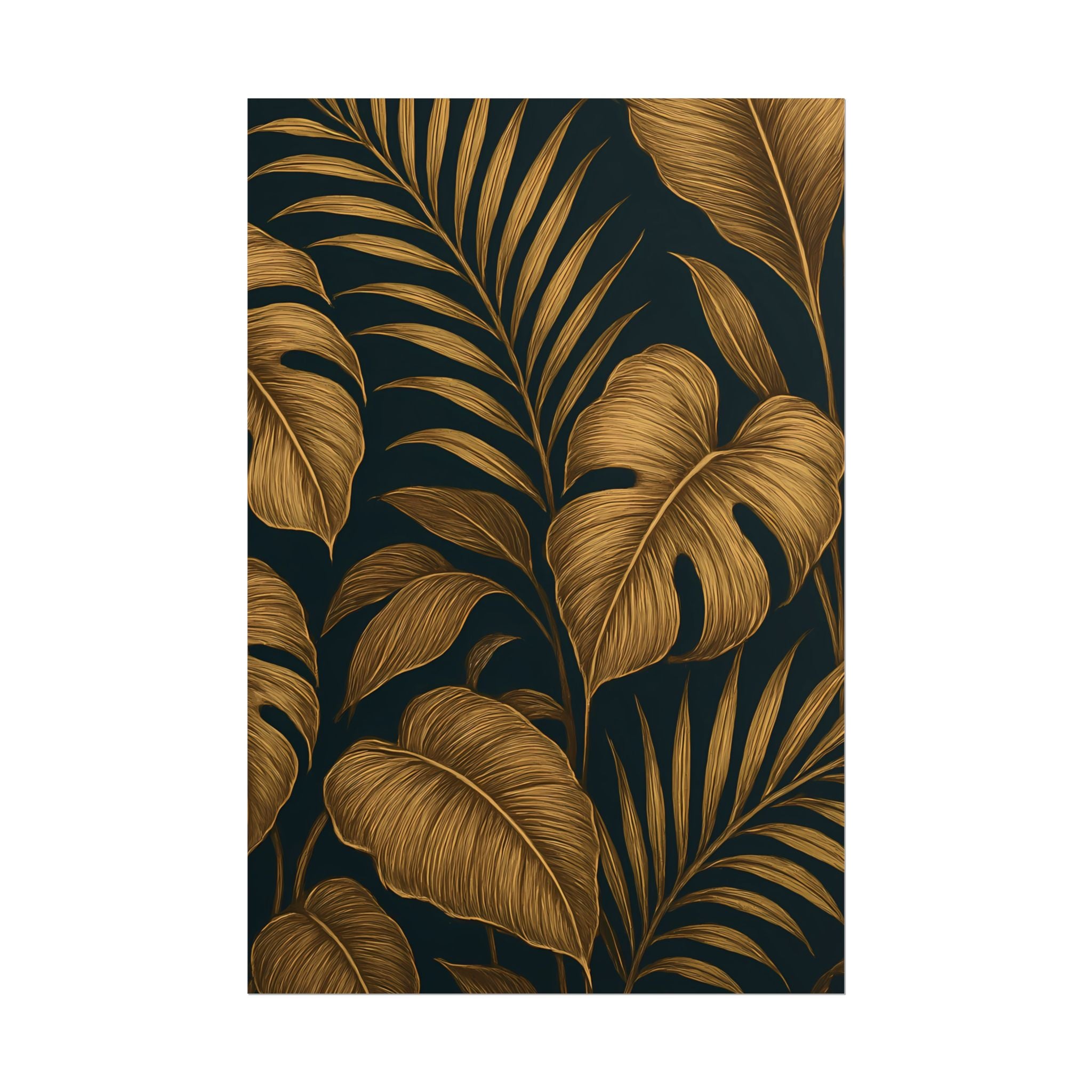 Gold Foliage Wall Art Print – Monstera Leaf Poster – Tropical Botanical Plant Illustration – Black Gold Nature Home Decor – Unframed