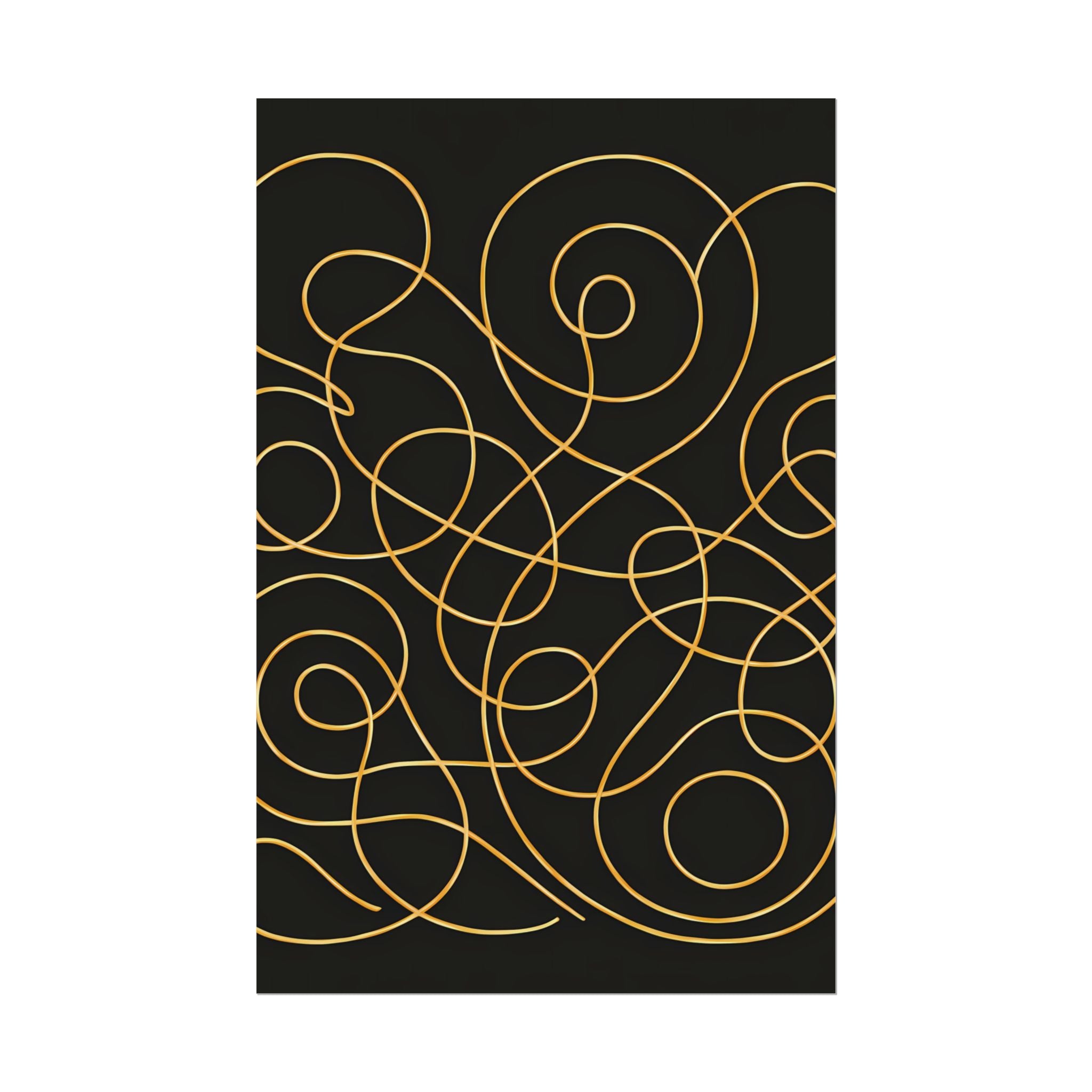 Minimalist Black Wall Art Print – Abstract Swirl Poster – Gold Looping Line Drawing – Modern Artwork – Scandinavian Japandi Style – Unframed