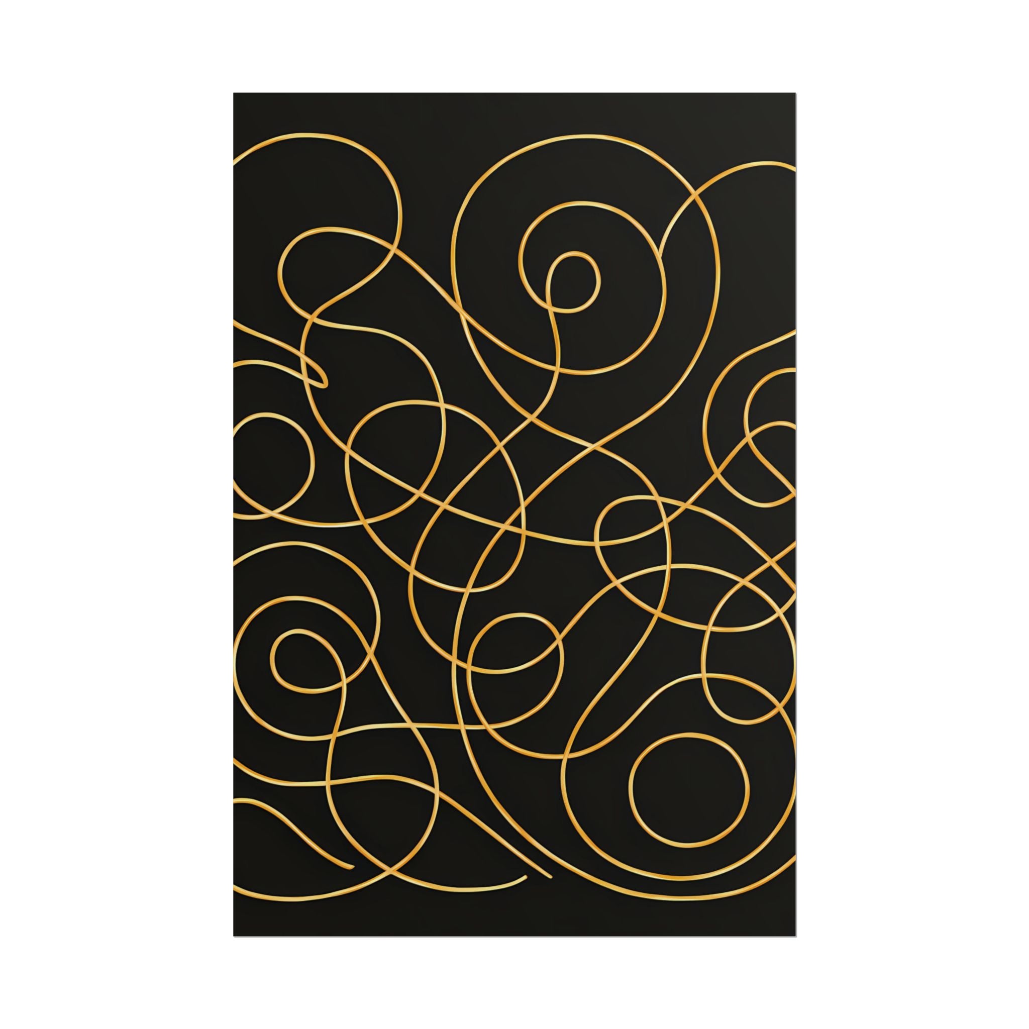 Minimalist Black Wall Art Print – Abstract Swirl Poster – Gold Looping Line Drawing – Modern Artwork – Scandinavian Japandi Style – Unframed