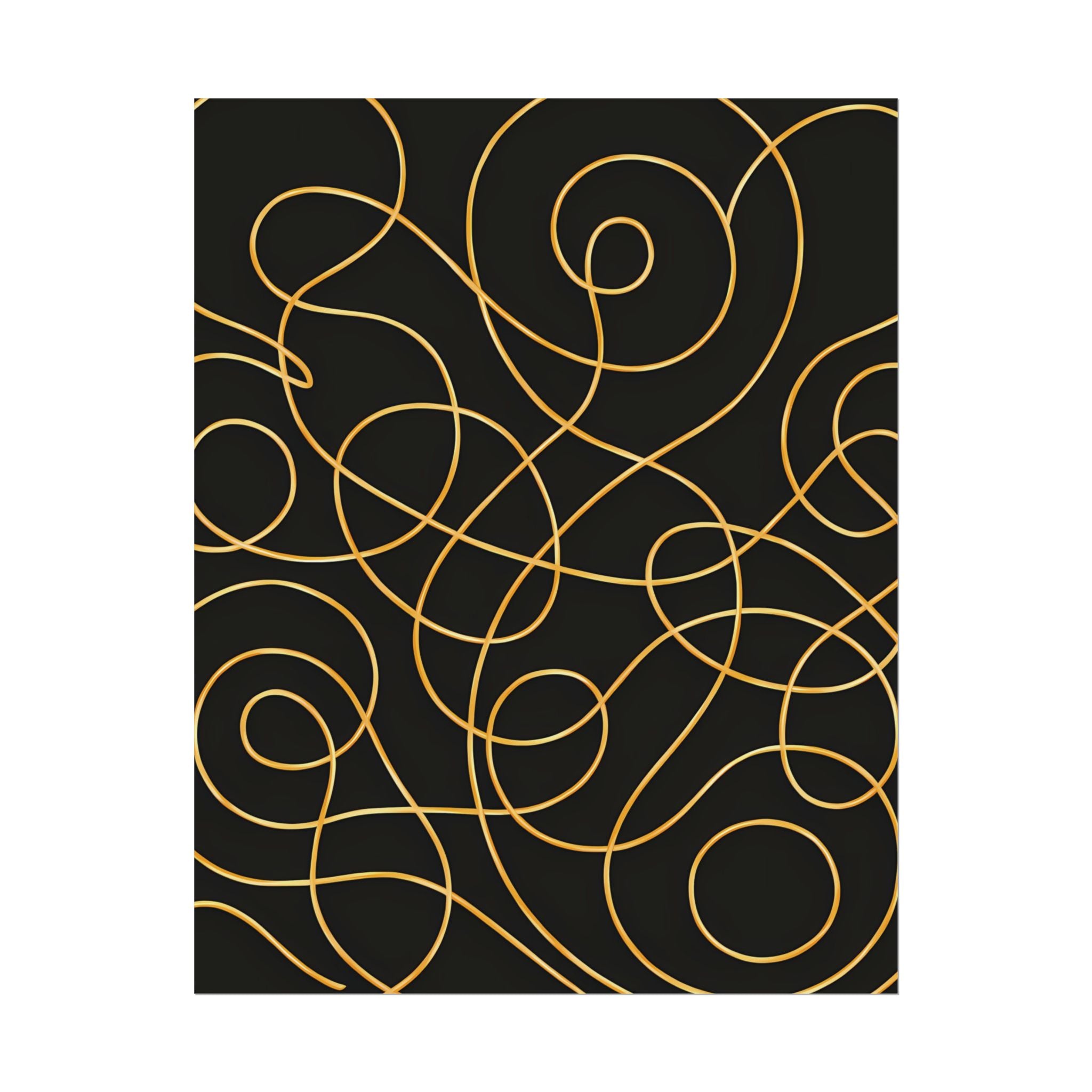 Minimalist Black Wall Art Print – Abstract Swirl Poster – Gold Looping Line Drawing – Modern Artwork – Scandinavian Japandi Style – Unframed
