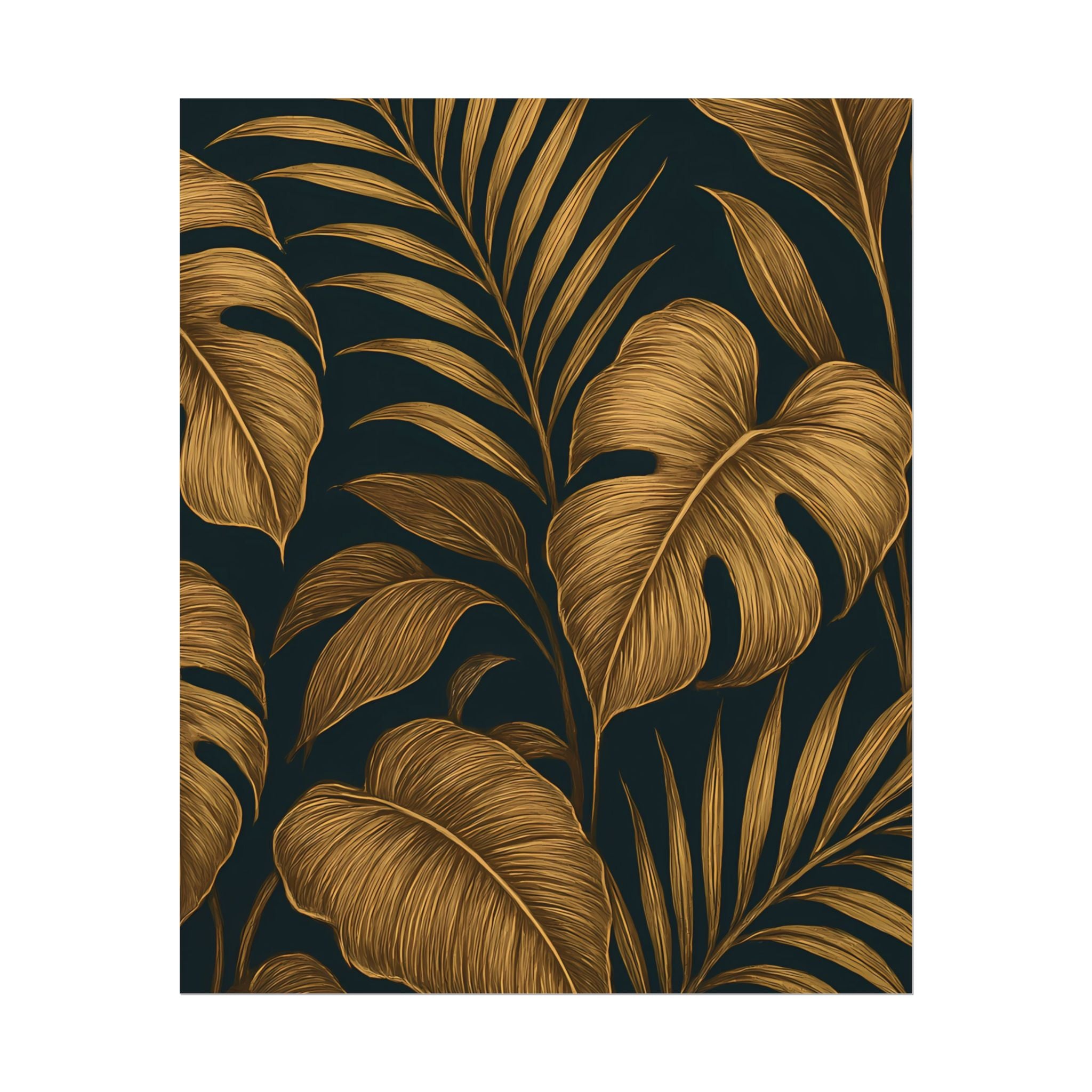 Gold Foliage Wall Art Print – Monstera Leaf Poster – Tropical Botanical Plant Illustration – Black Gold Nature Home Decor – Unframed