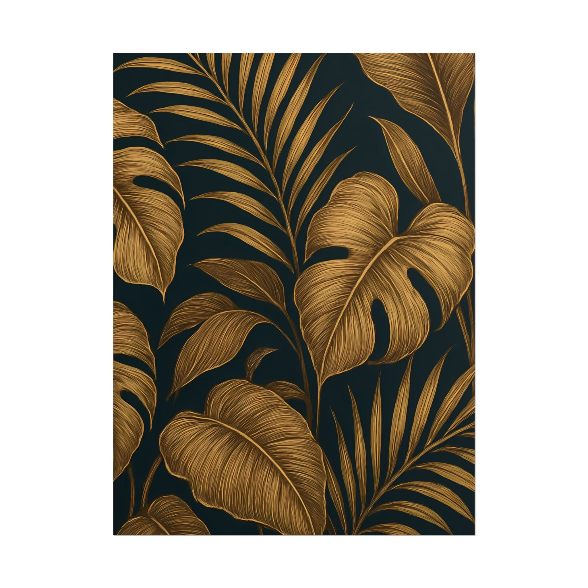 Gold Foliage Wall Art Print – Monstera Leaf Poster – Tropical Botanical Plant Illustration – Black Gold Nature Home Decor – Unframed