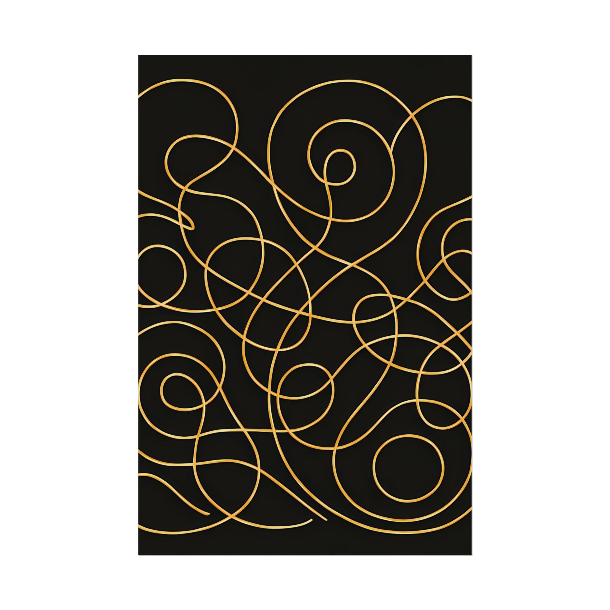 Minimalist Black Wall Art Print – Abstract Swirl Poster – Gold Looping Line Drawing – Modern Artwork – Scandinavian Japandi Style – Unframed