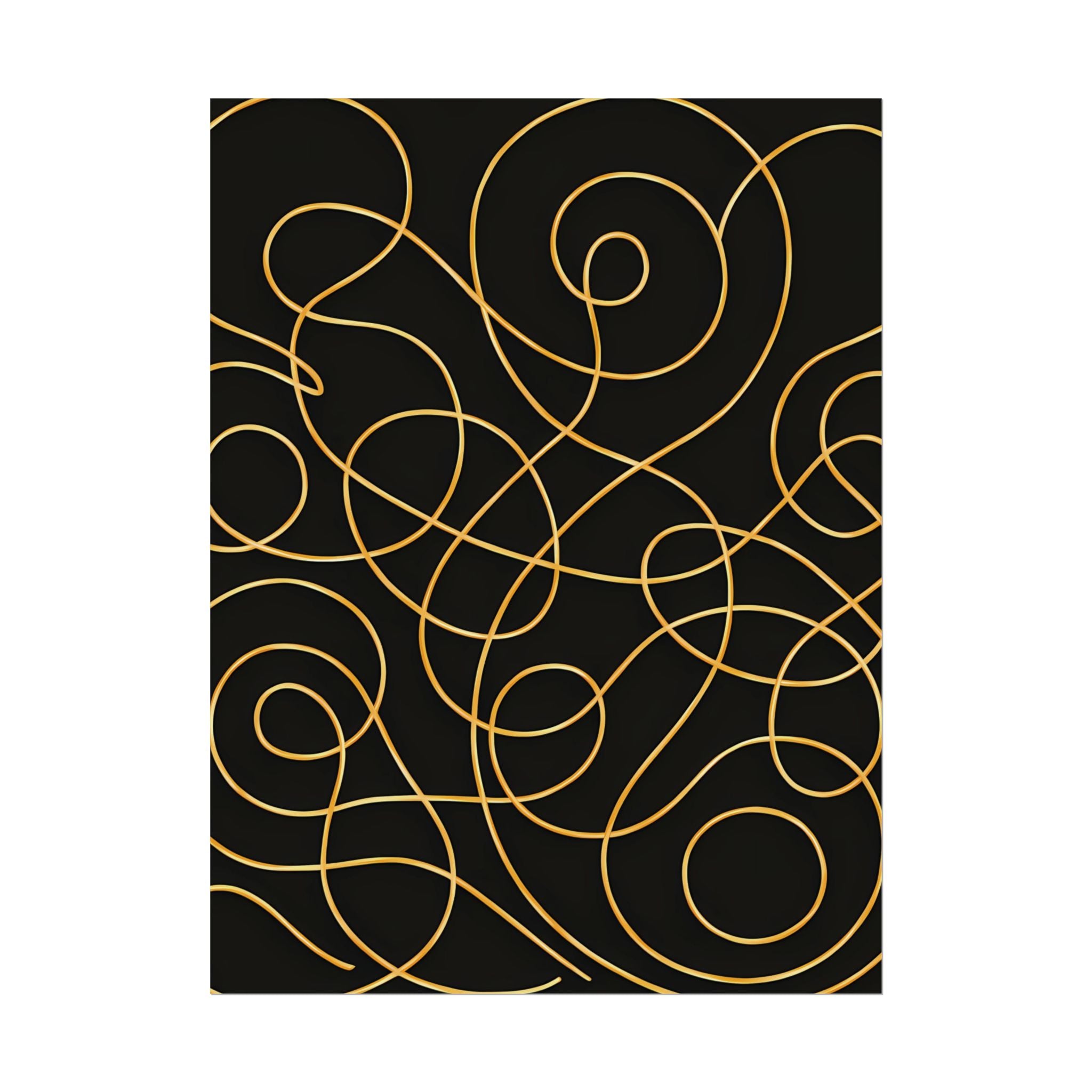 Minimalist Black Wall Art Print – Abstract Swirl Poster – Gold Looping Line Drawing – Modern Artwork – Scandinavian Japandi Style – Unframed