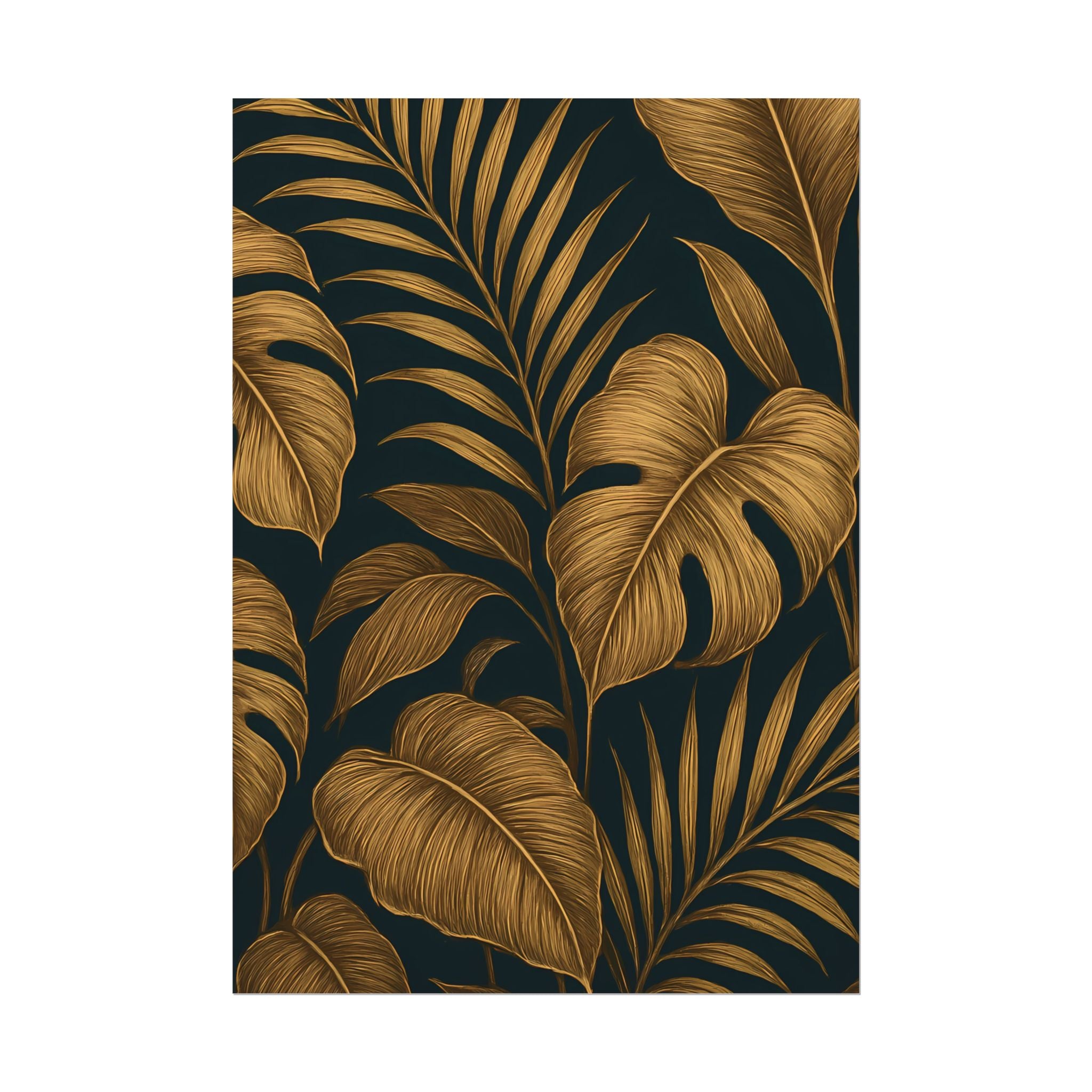 Gold Foliage Wall Art Print – Monstera Leaf Poster – Tropical Botanical Plant Illustration – Black Gold Nature Home Decor – Unframed