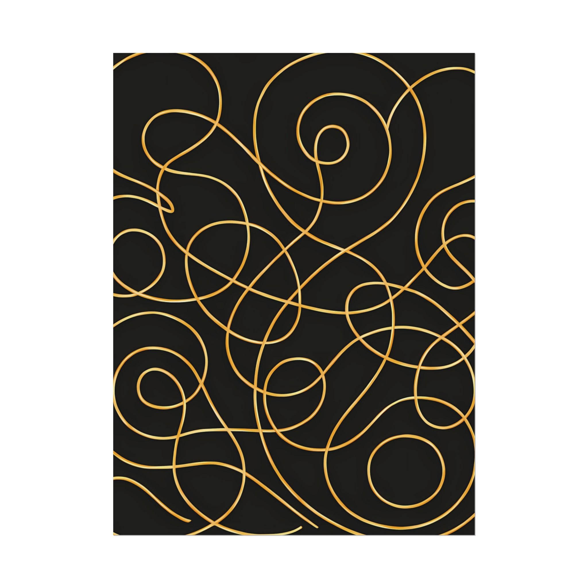 Minimalist Black Wall Art Print – Abstract Swirl Poster – Gold Looping Line Drawing – Modern Artwork – Scandinavian Japandi Style – Unframed