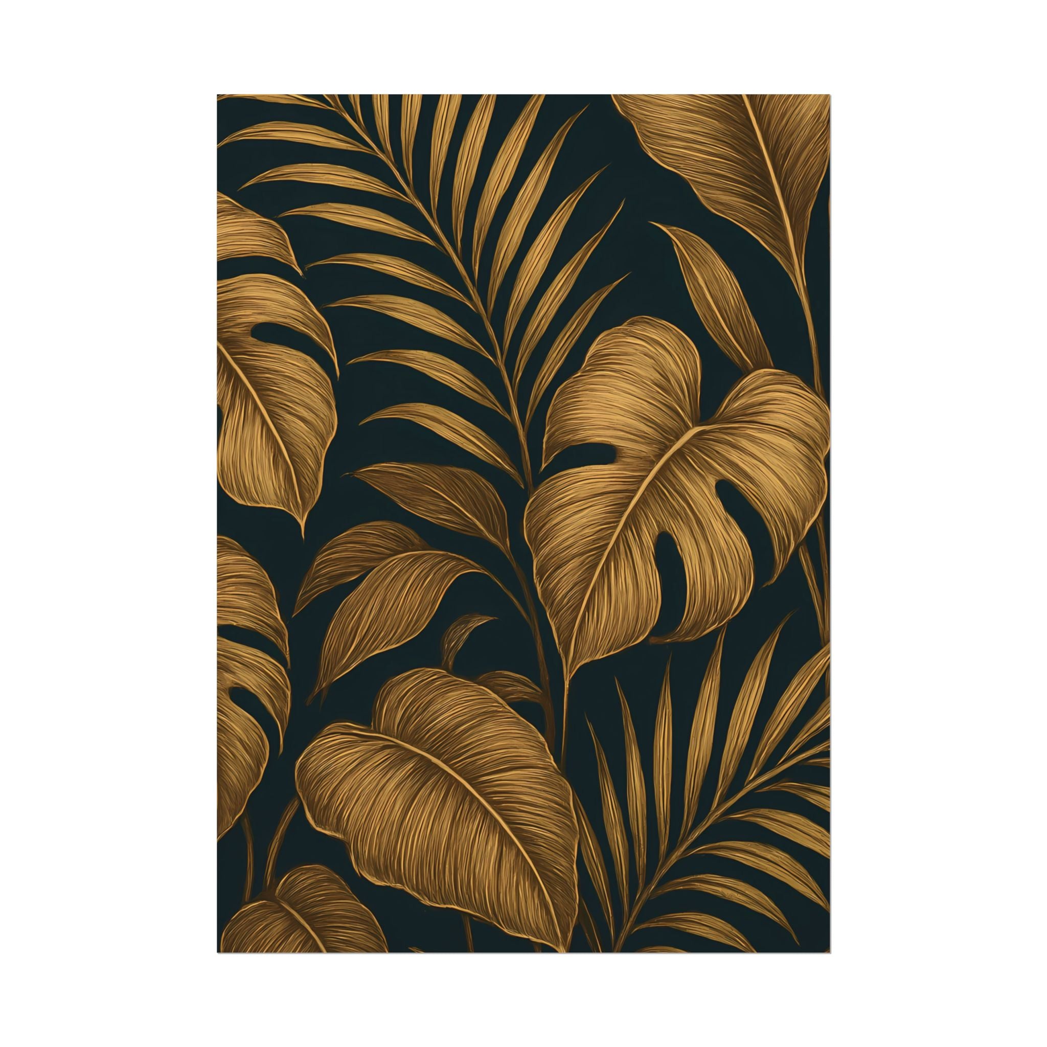 Gold Foliage Wall Art Print – Monstera Leaf Poster – Tropical Botanical Plant Illustration – Black Gold Nature Home Decor – Unframed