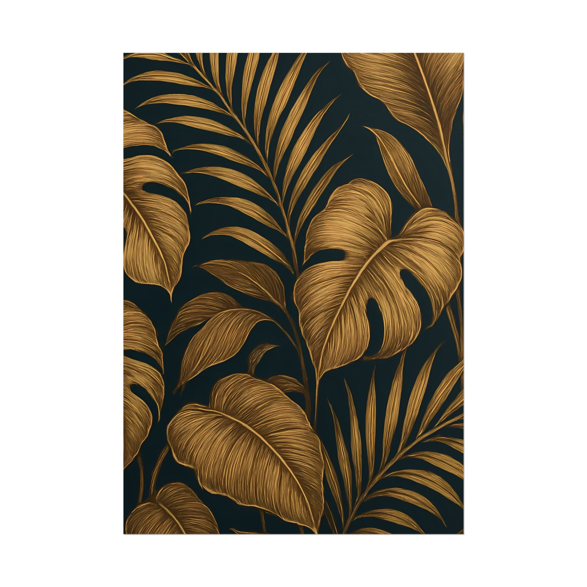 Gold Foliage Wall Art Print – Monstera Leaf Poster – Tropical Botanical Plant Illustration – Black Gold Nature Home Decor – Unframed