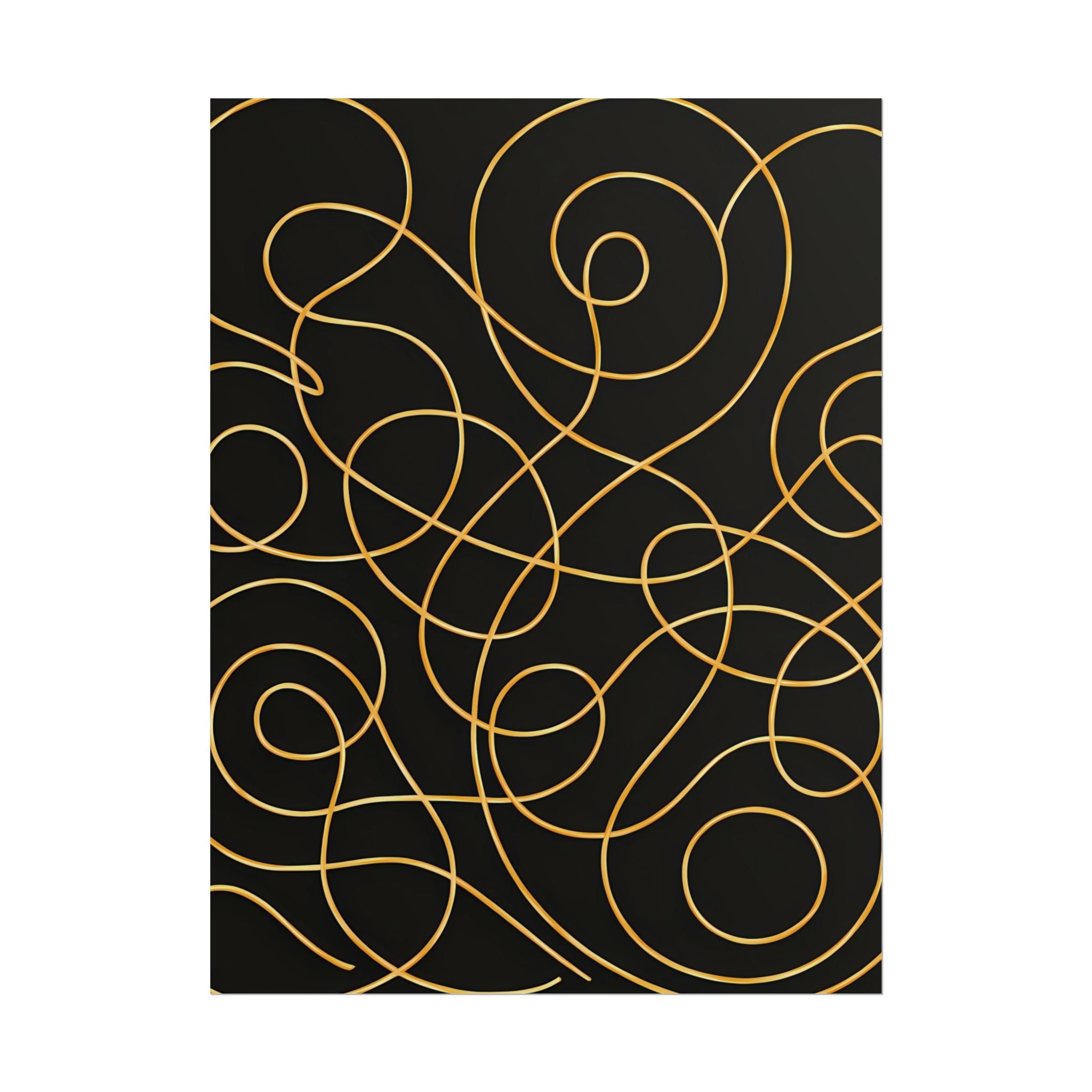 Minimalist Black Wall Art Print – Abstract Swirl Poster – Gold Looping Line Drawing – Modern Artwork – Scandinavian Japandi Style – Unframed