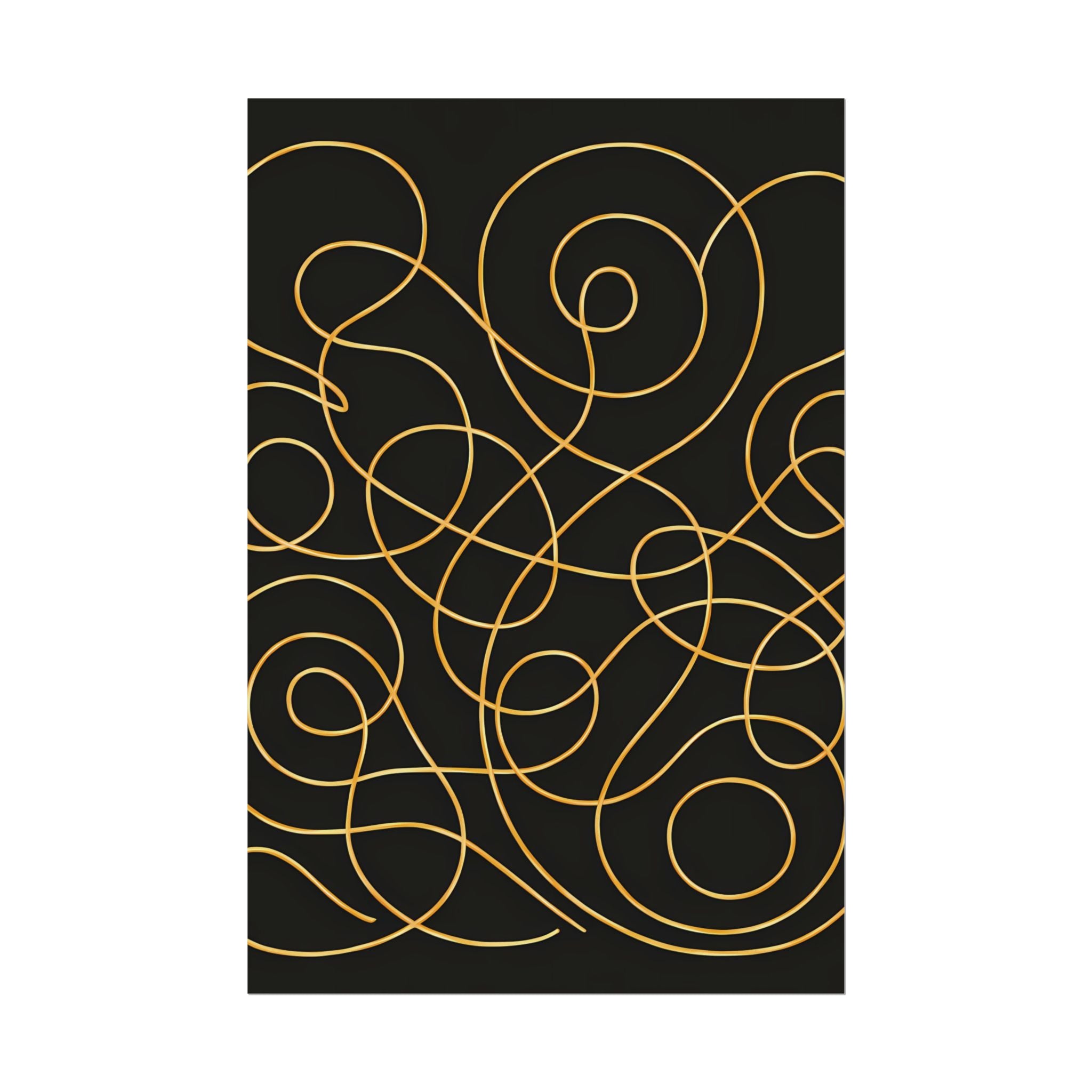 Minimalist Black Wall Art Print – Abstract Swirl Poster – Gold Looping Line Drawing – Modern Artwork – Scandinavian Japandi Style – Unframed
