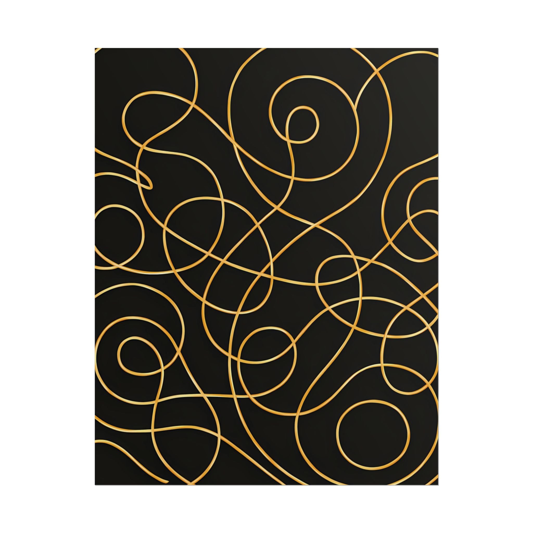 Minimalist Black Wall Art Print – Abstract Swirl Poster – Gold Looping Line Drawing – Modern Artwork – Scandinavian Japandi Style – Unframed
