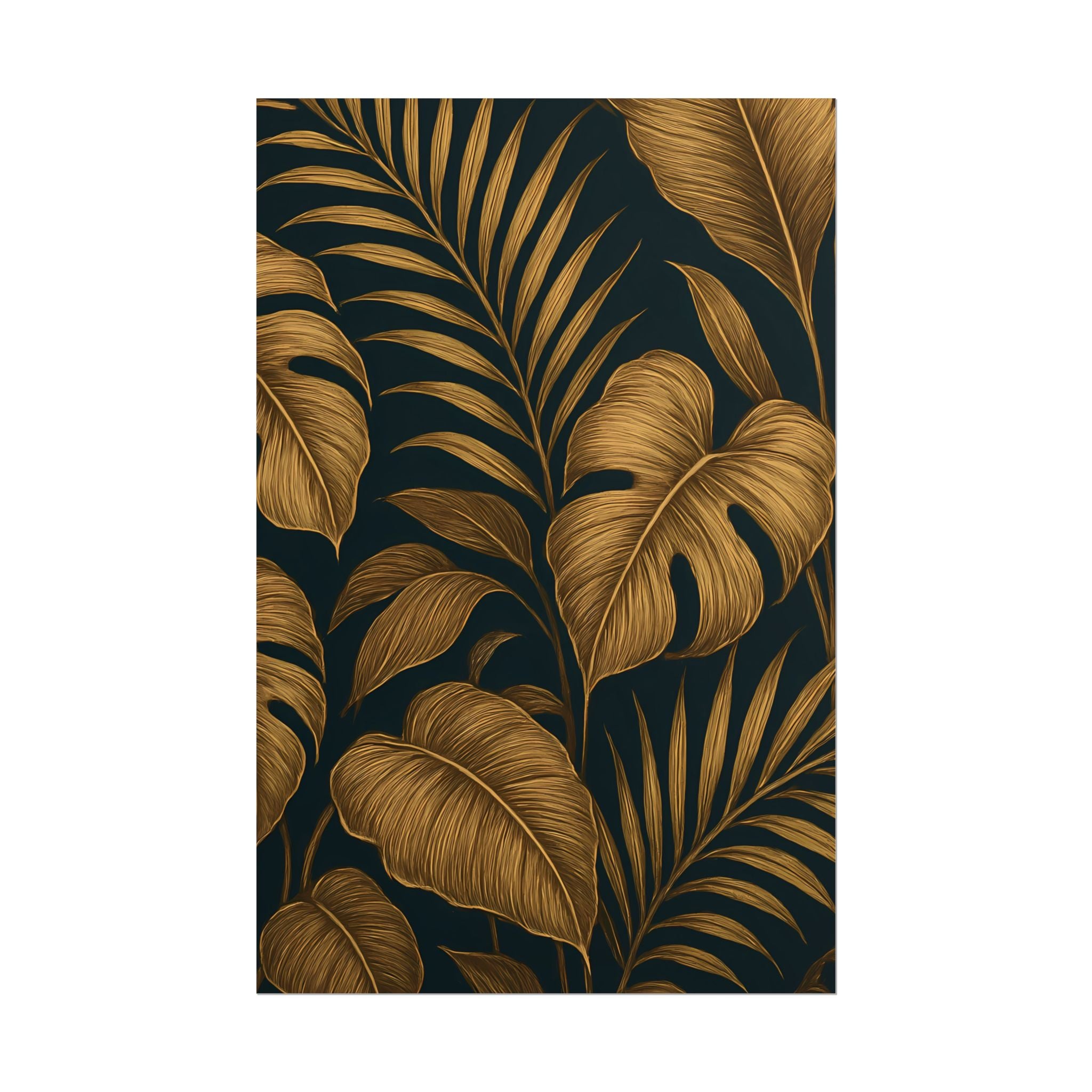 Gold Foliage Wall Art Print – Monstera Leaf Poster – Tropical Botanical Plant Illustration – Black Gold Nature Home Decor – Unframed