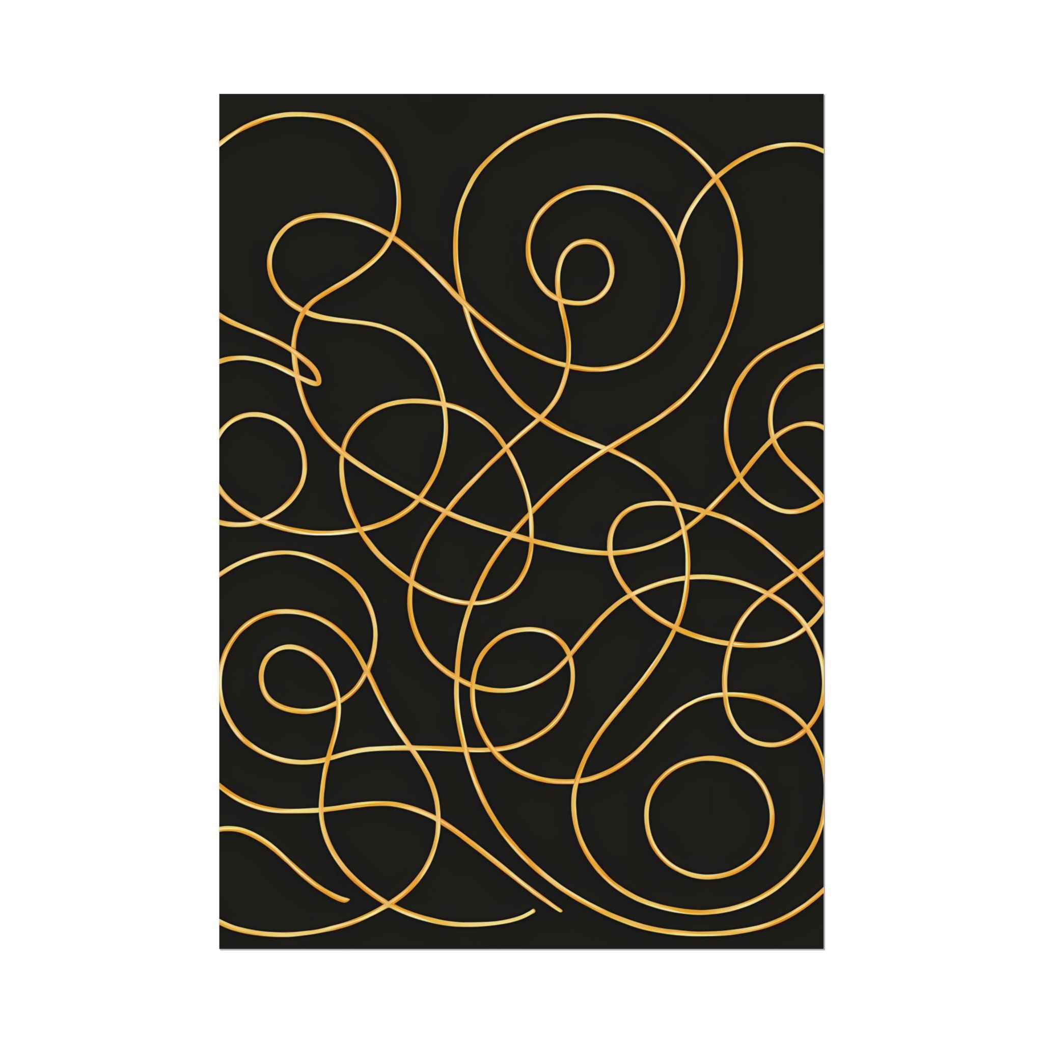 Minimalist Black Wall Art Print – Abstract Swirl Poster – Gold Looping Line Drawing – Modern Artwork – Scandinavian Japandi Style – Unframed