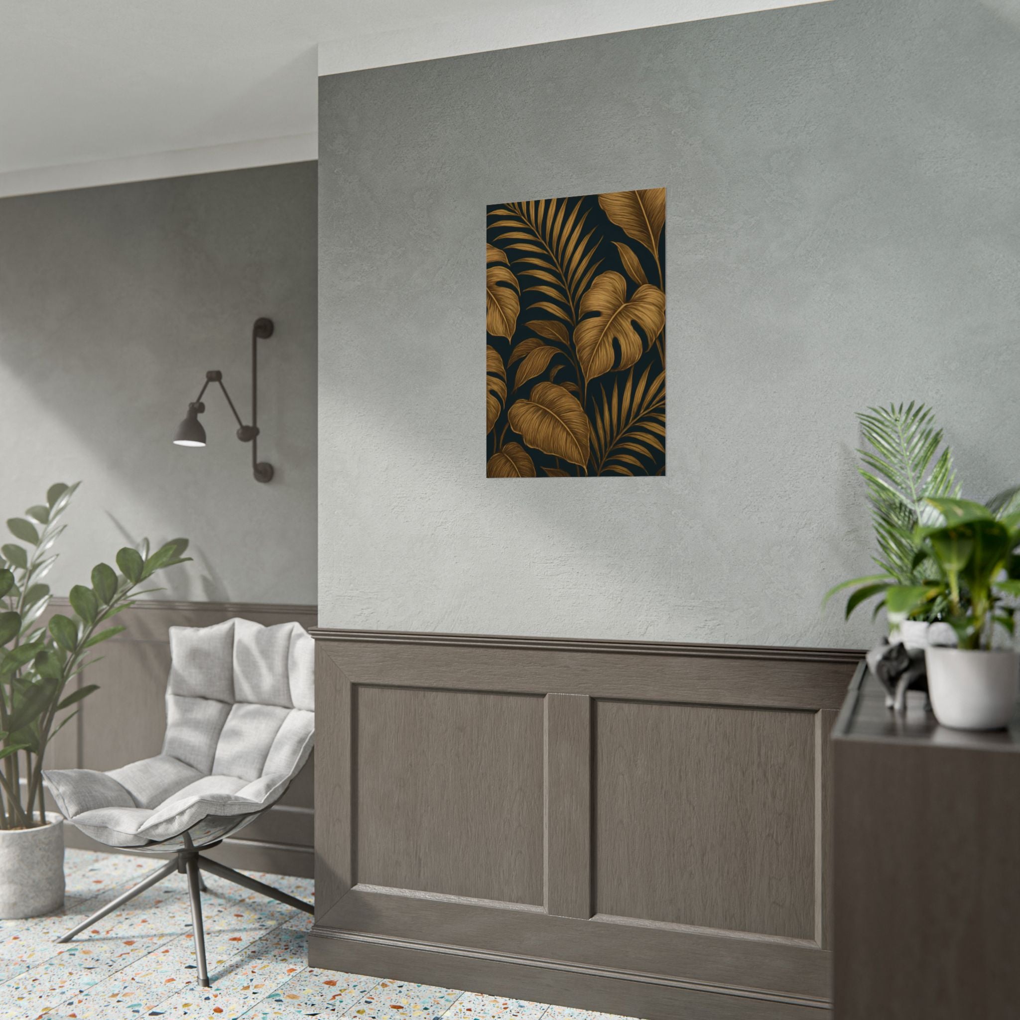 Gold Foliage Wall Art Print – Monstera Leaf Poster – Tropical Botanical Plant Illustration – Black Gold Nature Home Decor – Unframed