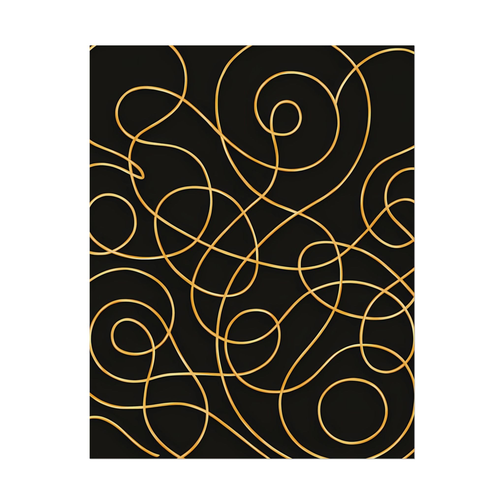 Minimalist Black Wall Art Print – Abstract Swirl Poster – Gold Looping Line Drawing – Modern Artwork – Scandinavian Japandi Style – Unframed