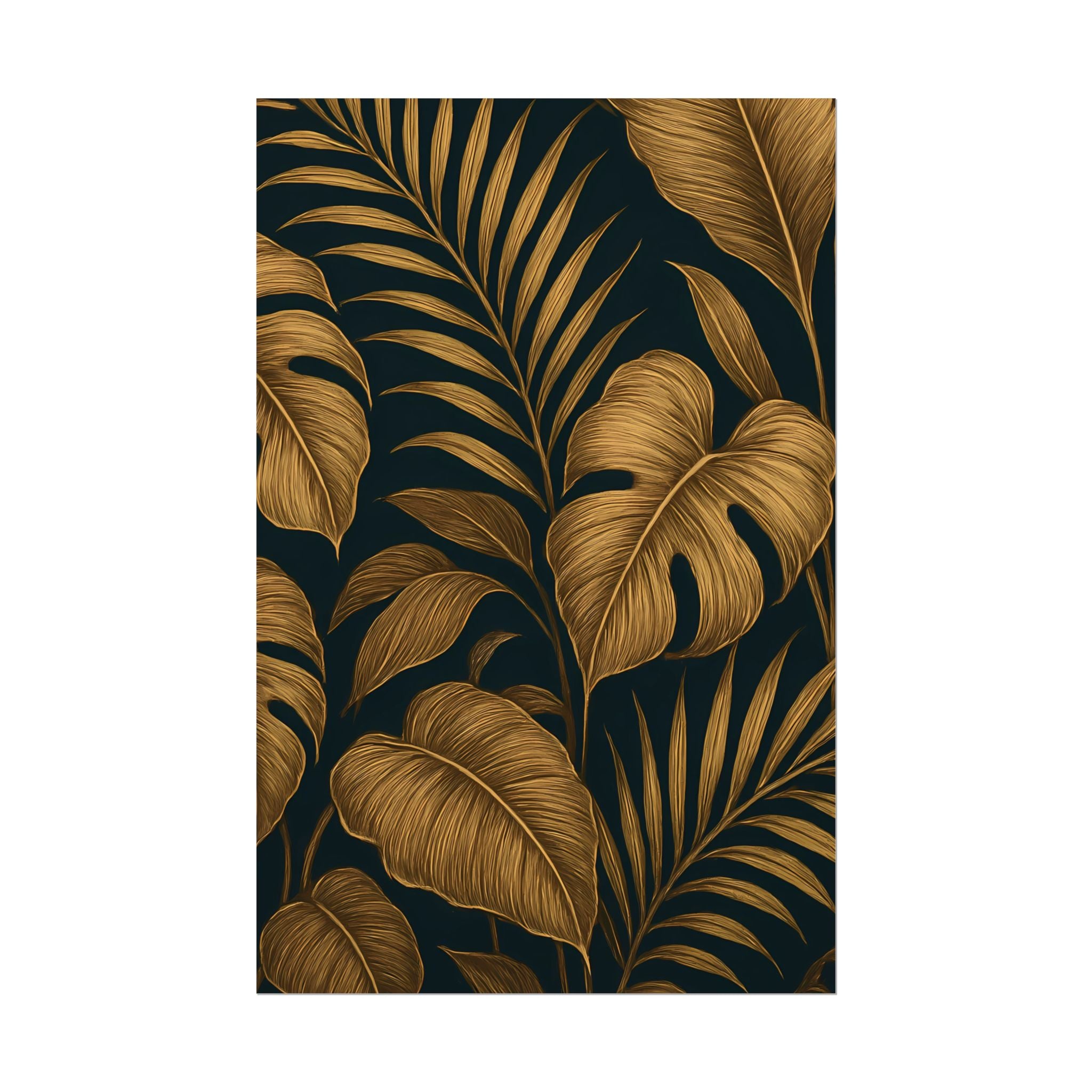 Gold Foliage Wall Art Print – Monstera Leaf Poster – Tropical Botanical Plant Illustration – Black Gold Nature Home Decor – Unframed