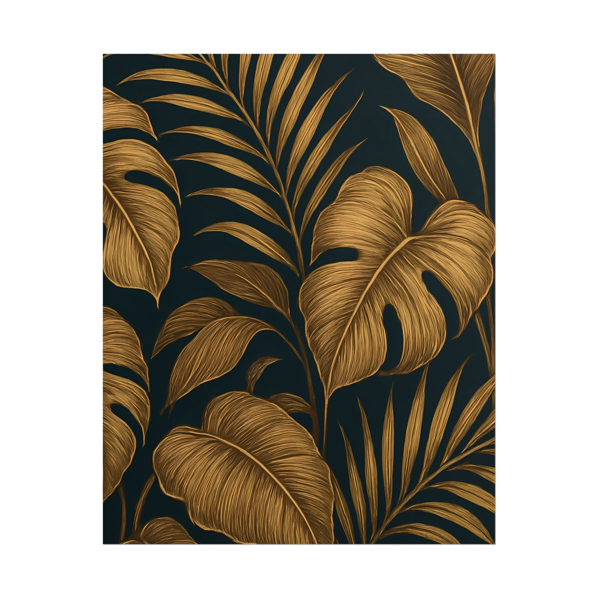 Gold Foliage Wall Art Print – Monstera Leaf Poster – Tropical Botanical Plant Illustration – Black Gold Nature Home Decor – Unframed