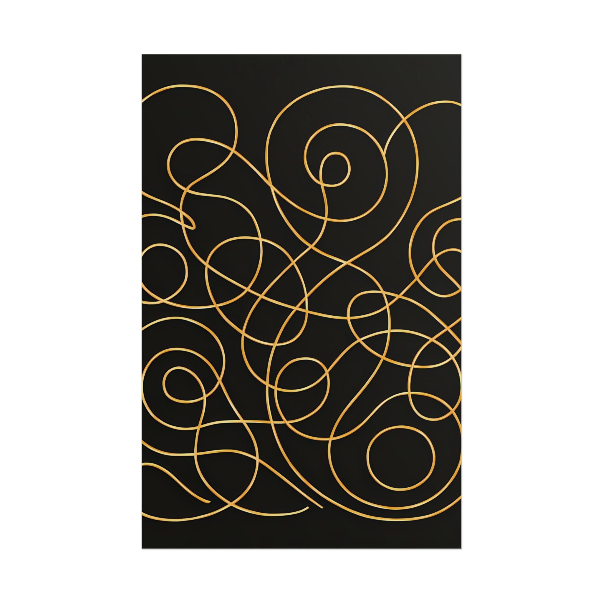 Minimalist Black Wall Art Print – Abstract Swirl Poster – Gold Looping Line Drawing – Modern Artwork – Scandinavian Japandi Style – Unframed