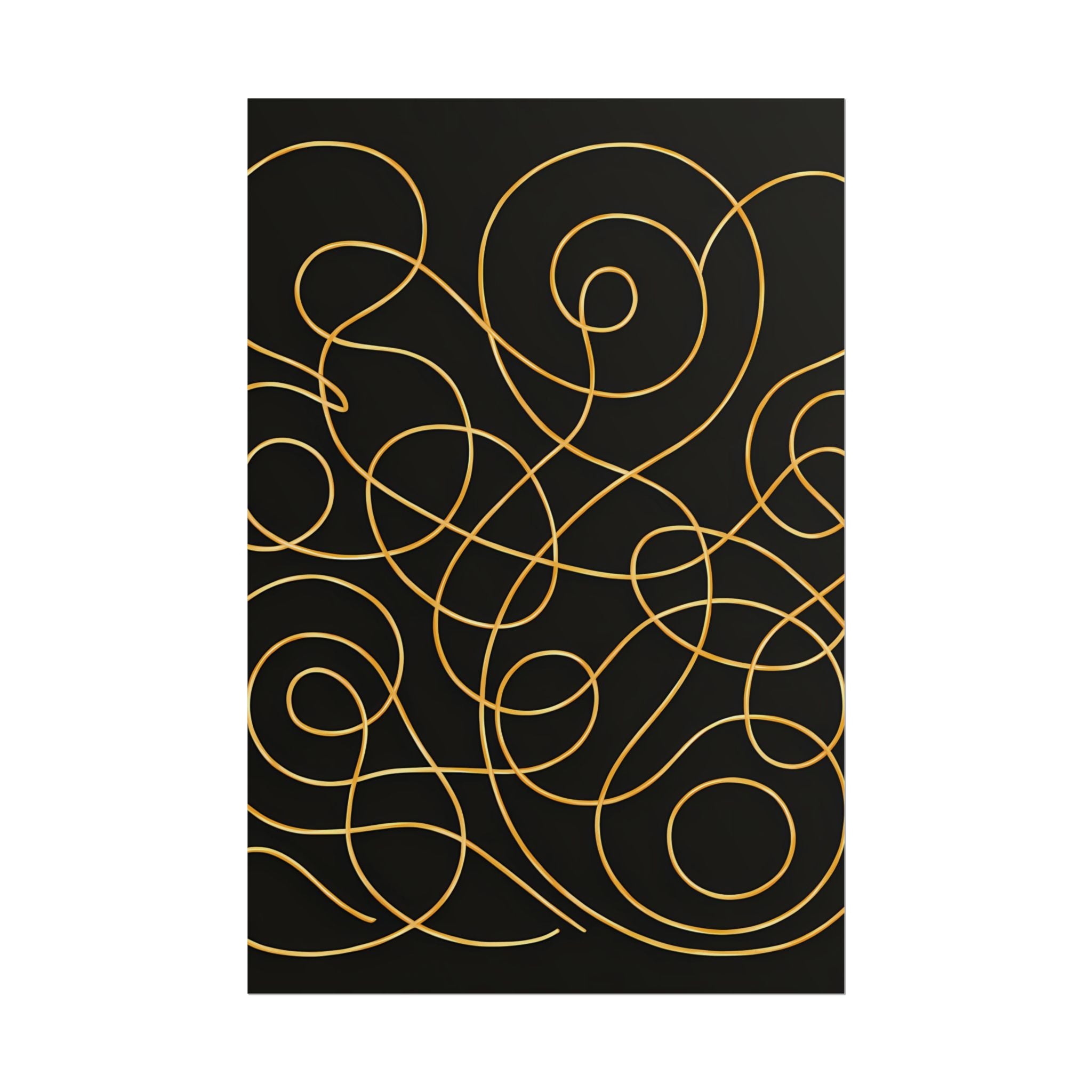 Minimalist Black Wall Art Print – Abstract Swirl Poster – Gold Looping Line Drawing – Modern Artwork – Scandinavian Japandi Style – Unframed