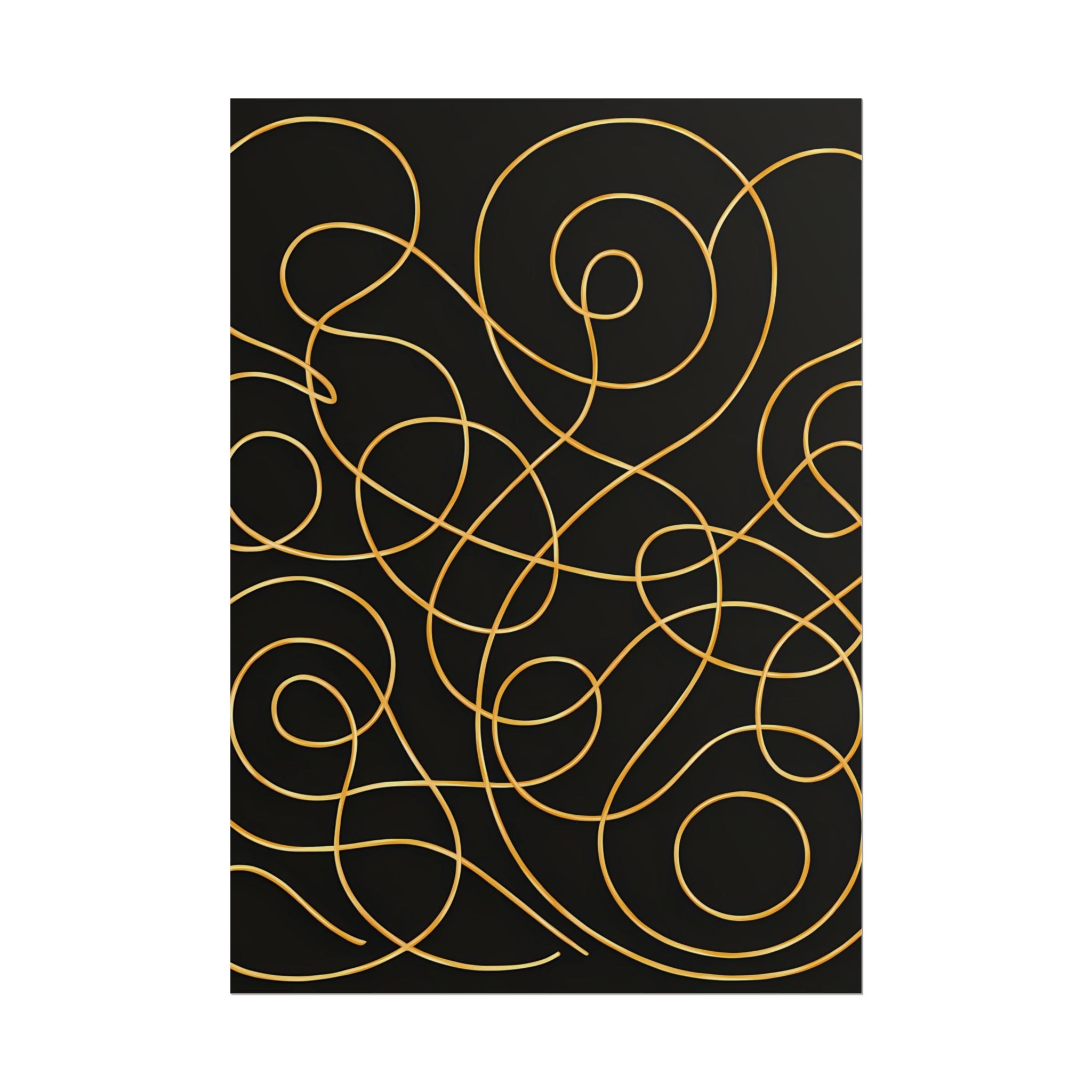 Minimalist Black Wall Art Print – Abstract Swirl Poster – Gold Looping Line Drawing – Modern Artwork – Scandinavian Japandi Style – Unframed
