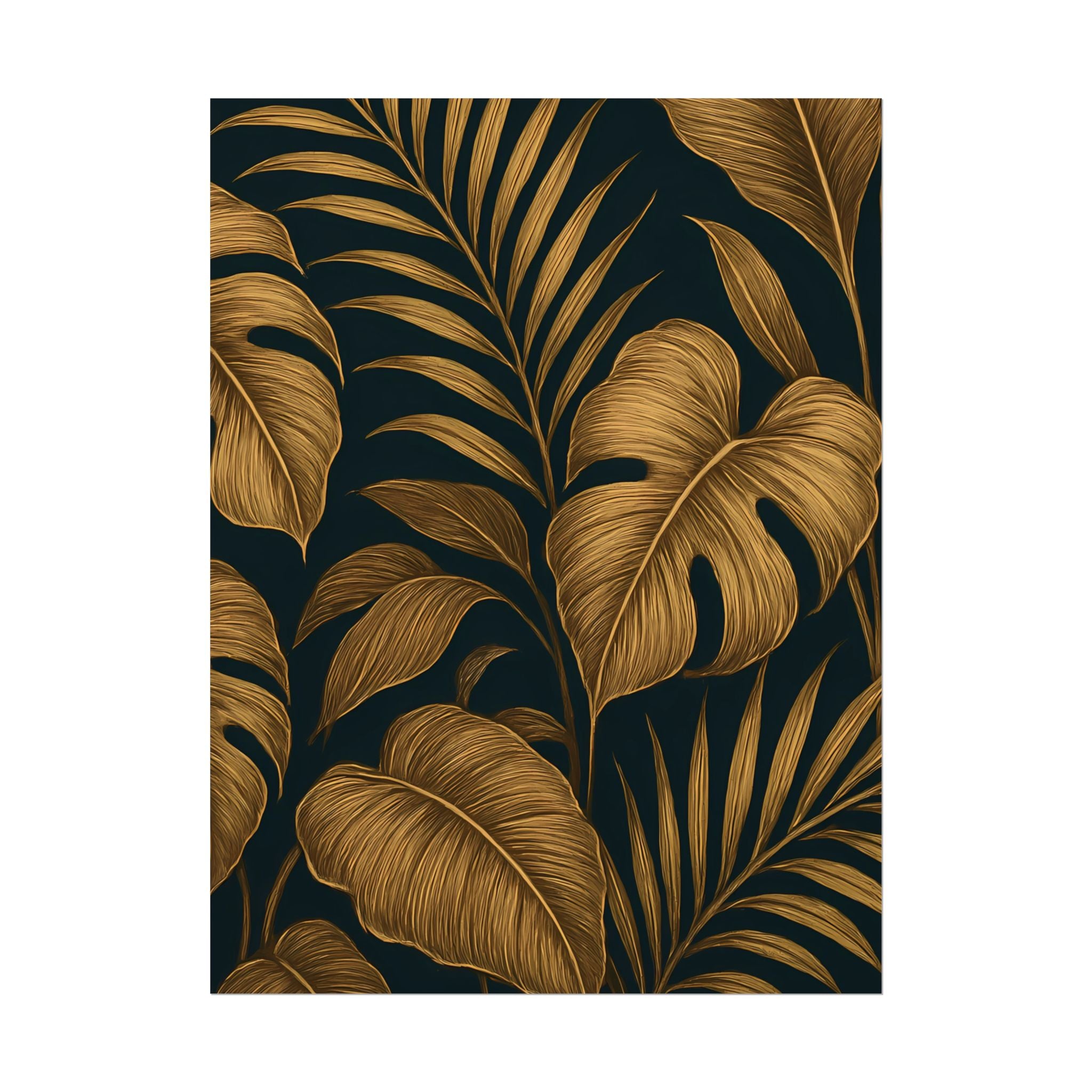 Gold Foliage Wall Art Print – Monstera Leaf Poster – Tropical Botanical Plant Illustration – Black Gold Nature Home Decor – Unframed