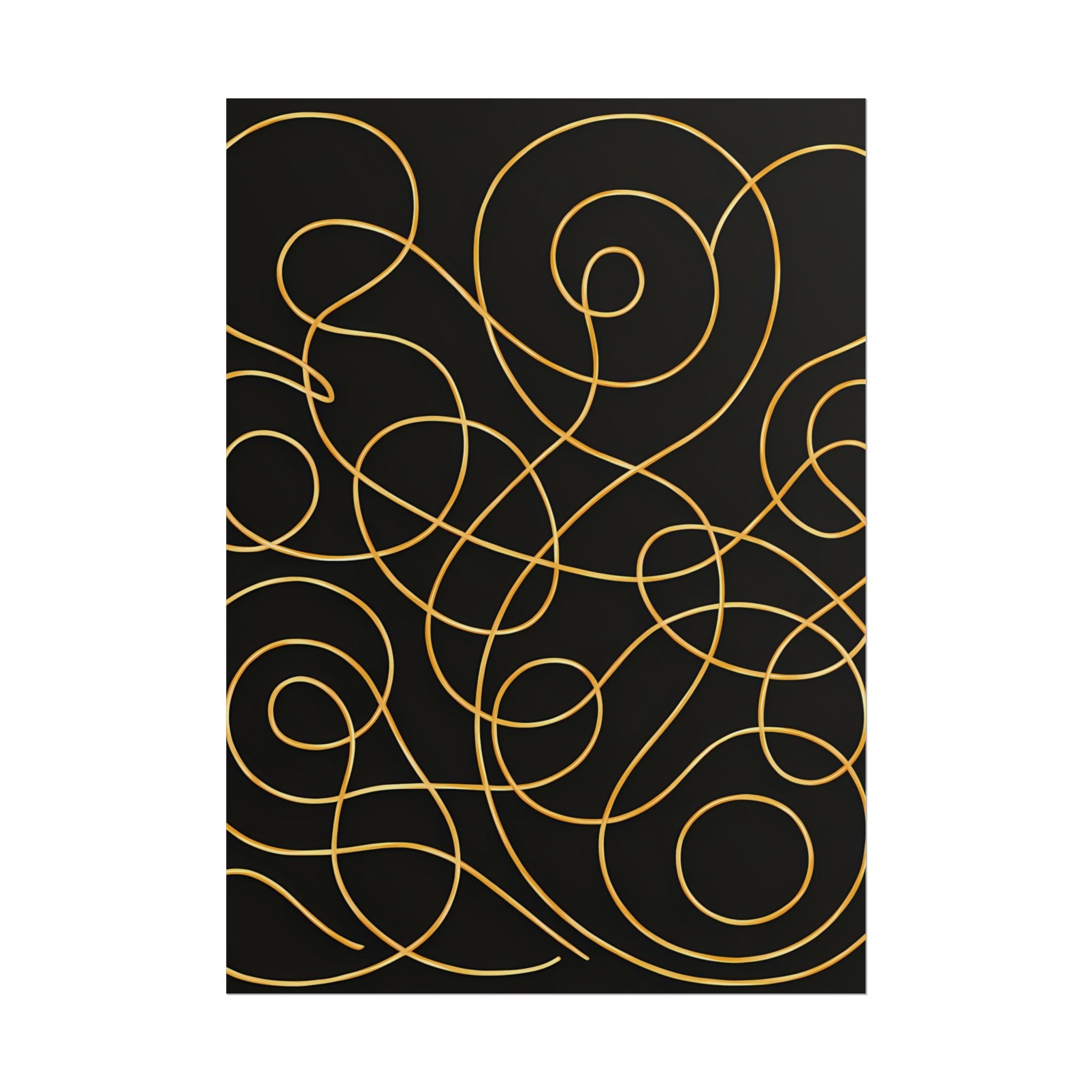 Minimalist Black Wall Art Print – Abstract Swirl Poster – Gold Looping Line Drawing – Modern Artwork – Scandinavian Japandi Style – Unframed