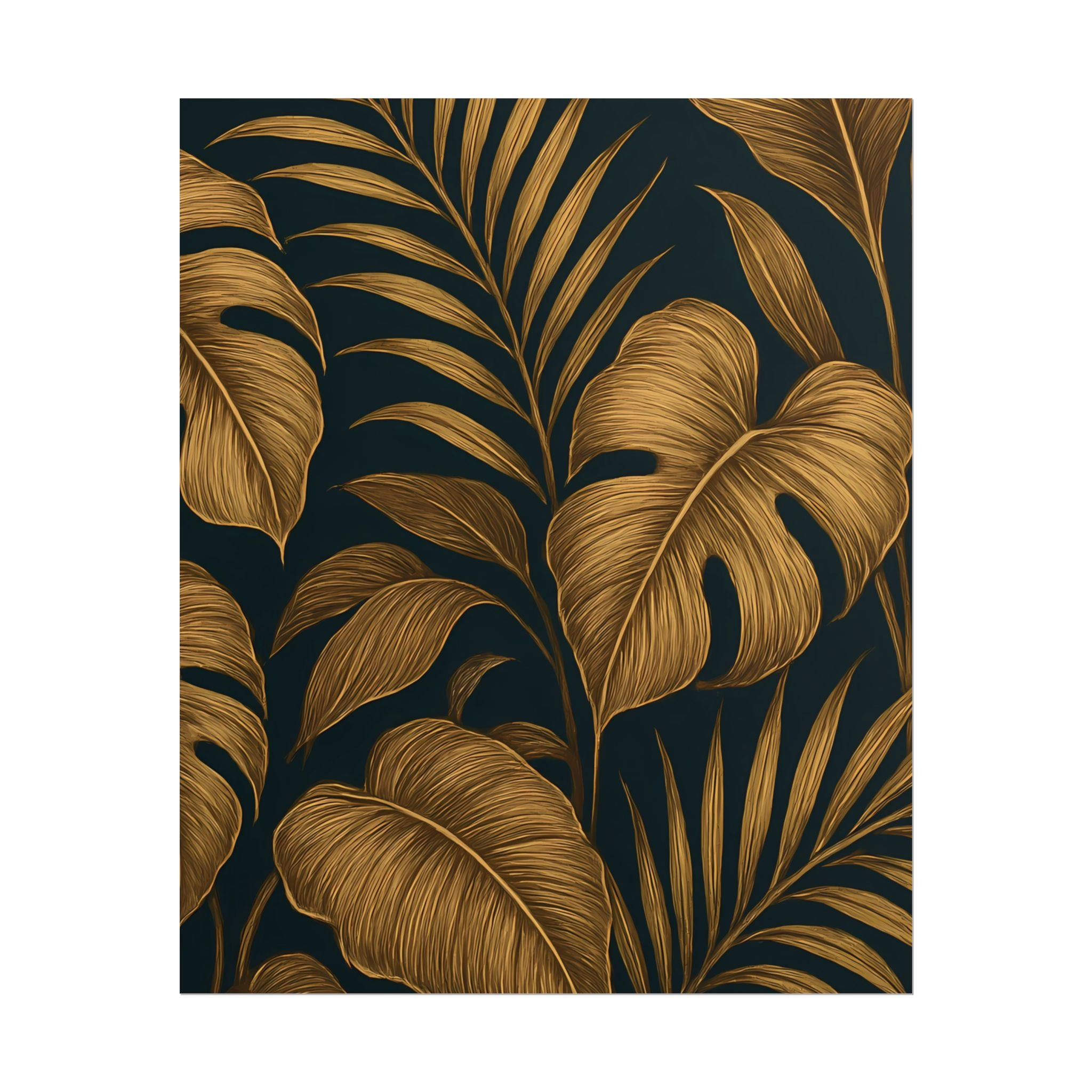 Gold Foliage Wall Art Print – Monstera Leaf Poster – Tropical Botanical Plant Illustration – Black Gold Nature Home Decor – Unframed
