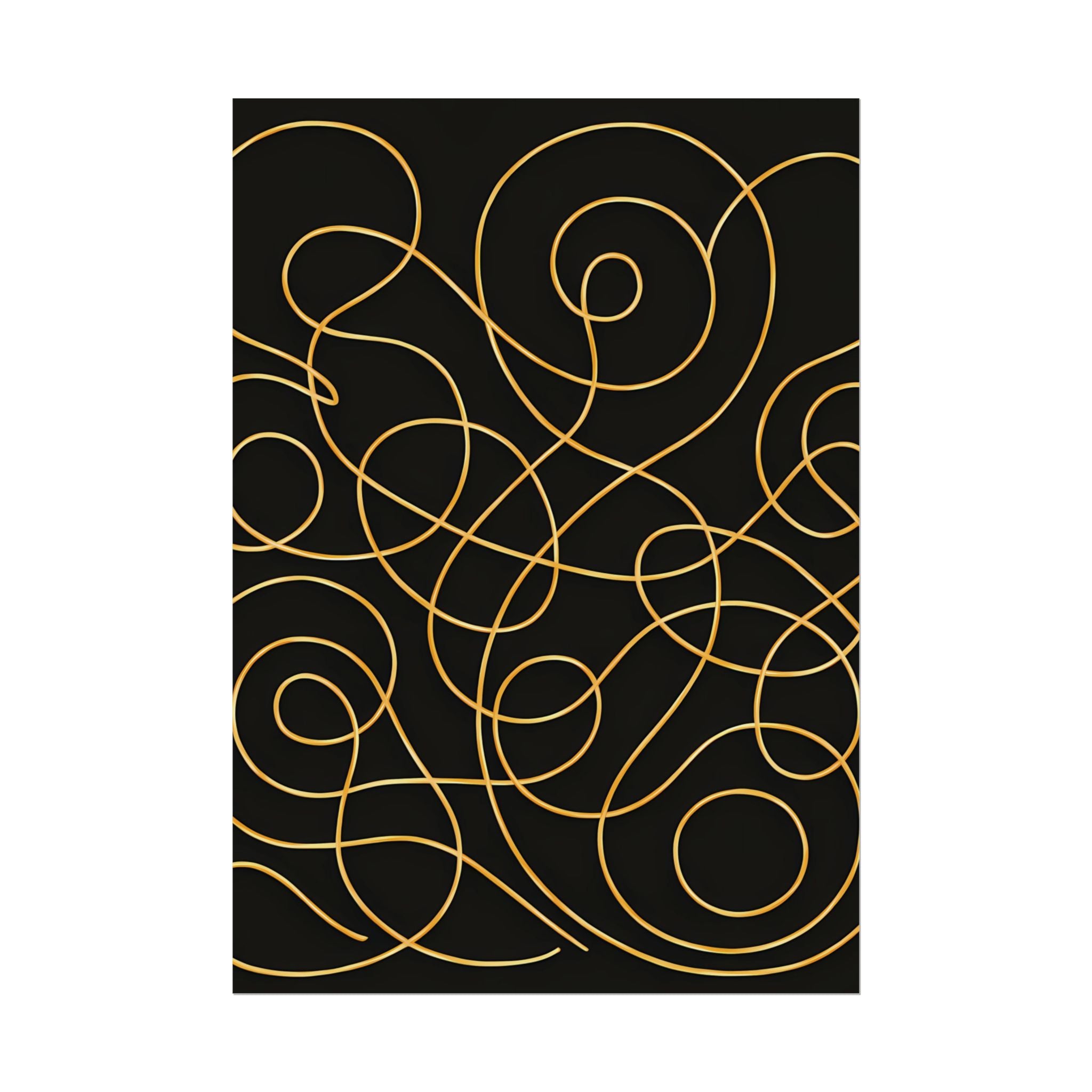 Minimalist Black Wall Art Print – Abstract Swirl Poster – Gold Looping Line Drawing – Modern Artwork – Scandinavian Japandi Style – Unframed