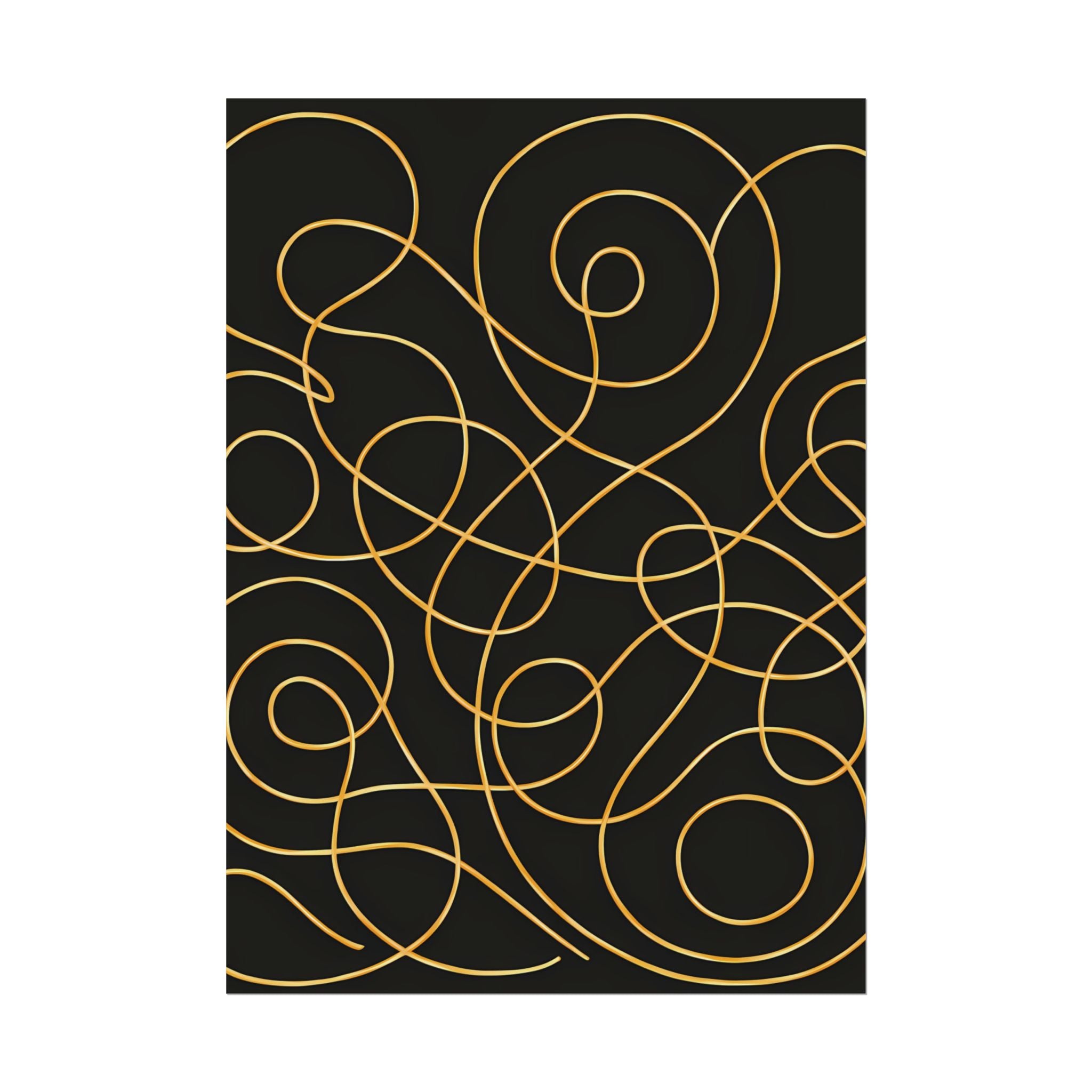 Minimalist Black Wall Art Print – Abstract Swirl Poster – Gold Looping Line Drawing – Modern Artwork – Scandinavian Japandi Style – Unframed