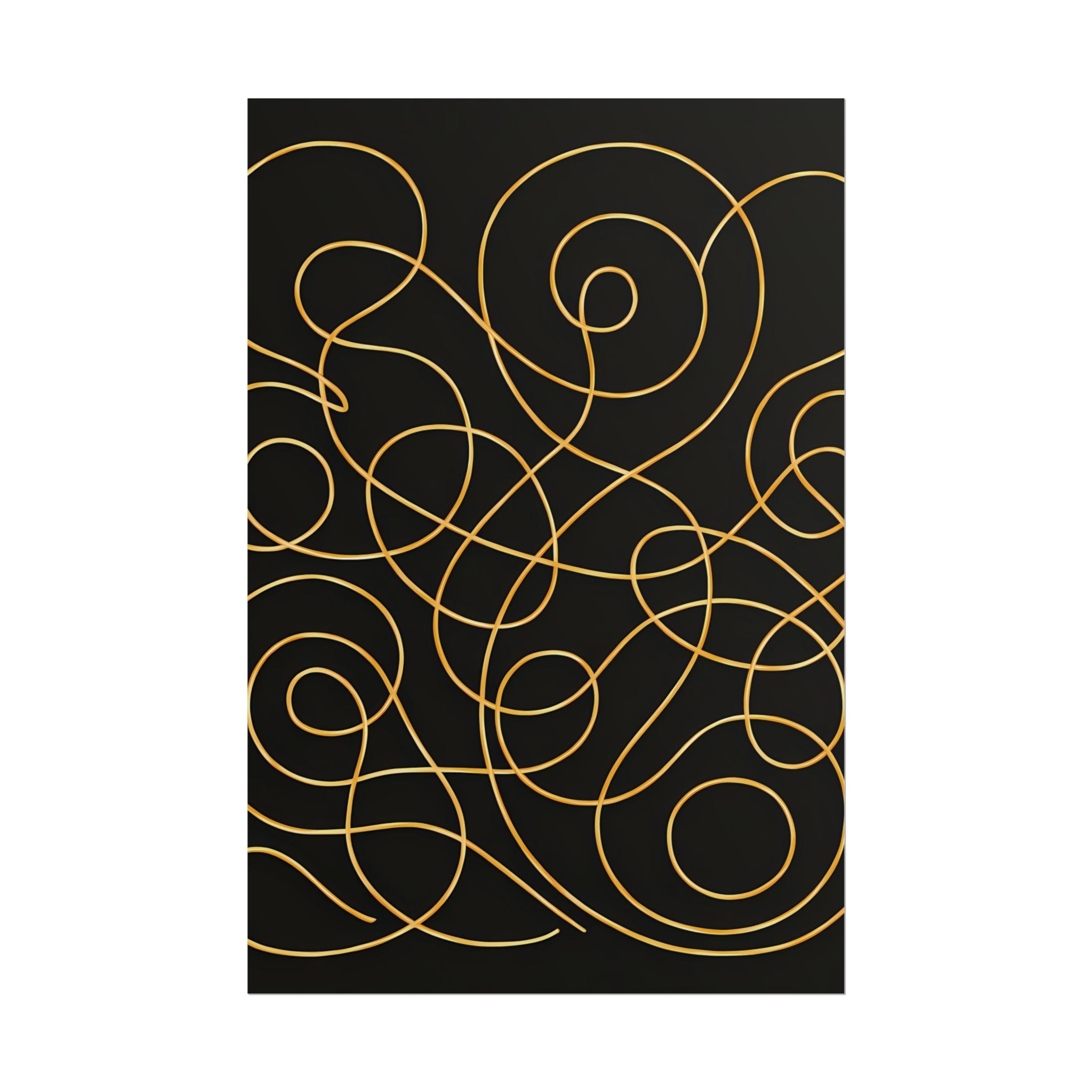 Minimalist Black Wall Art Print – Abstract Swirl Poster – Gold Looping Line Drawing – Modern Artwork – Scandinavian Japandi Style – Unframed
