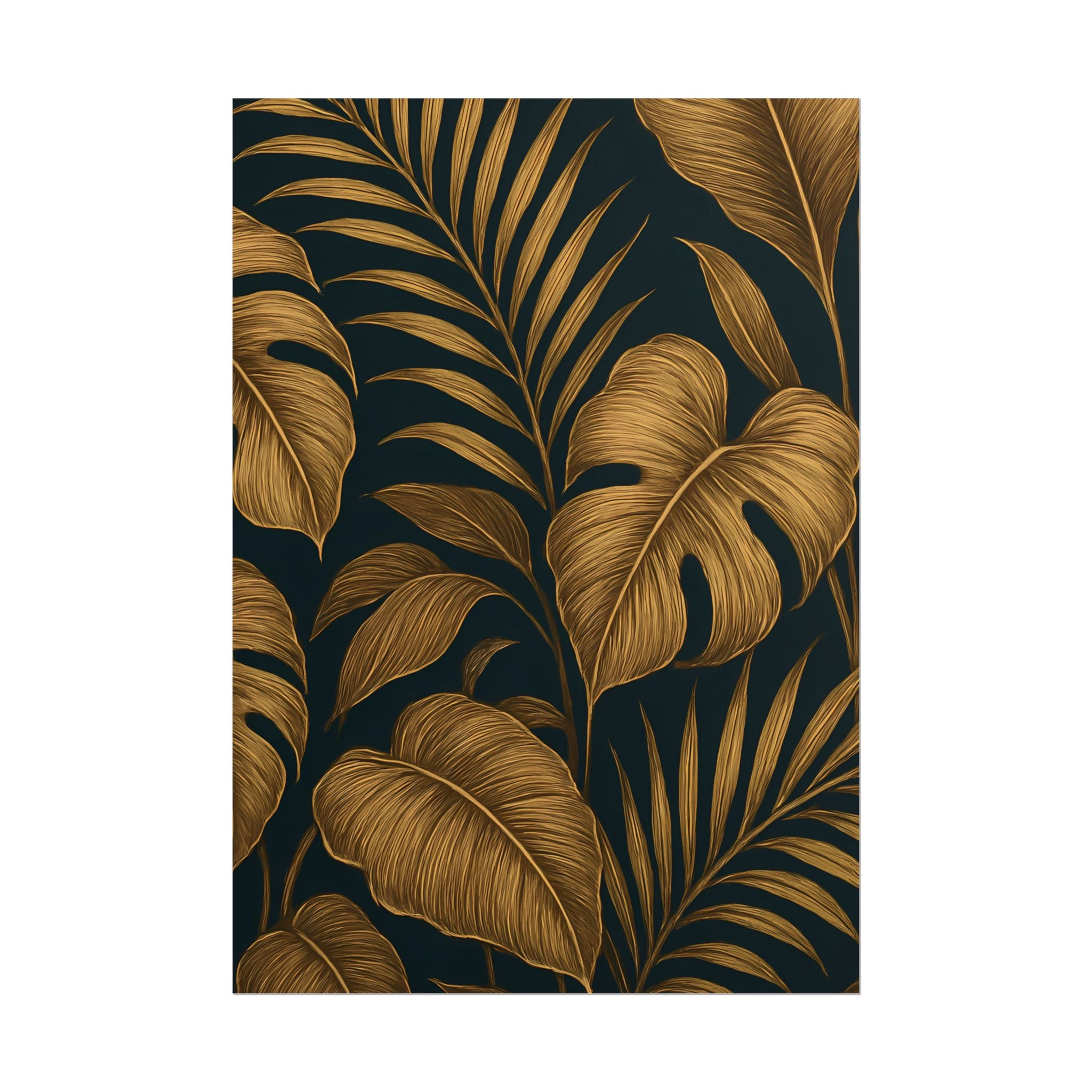 Gold Foliage Wall Art Print – Monstera Leaf Poster – Tropical Botanical Plant Illustration – Black Gold Nature Home Decor – Unframed