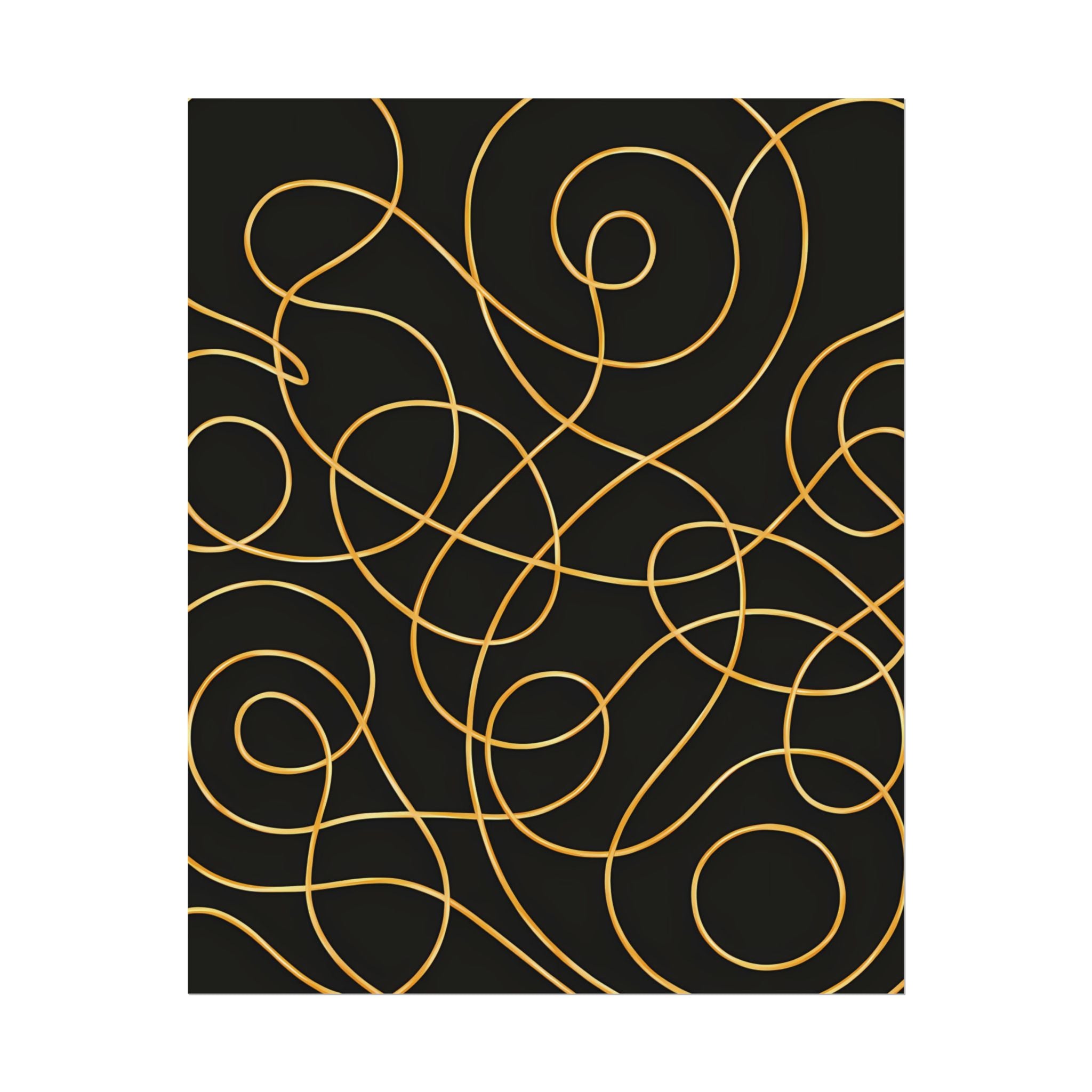 Minimalist Black Wall Art Print – Abstract Swirl Poster – Gold Looping Line Drawing – Modern Artwork – Scandinavian Japandi Style – Unframed