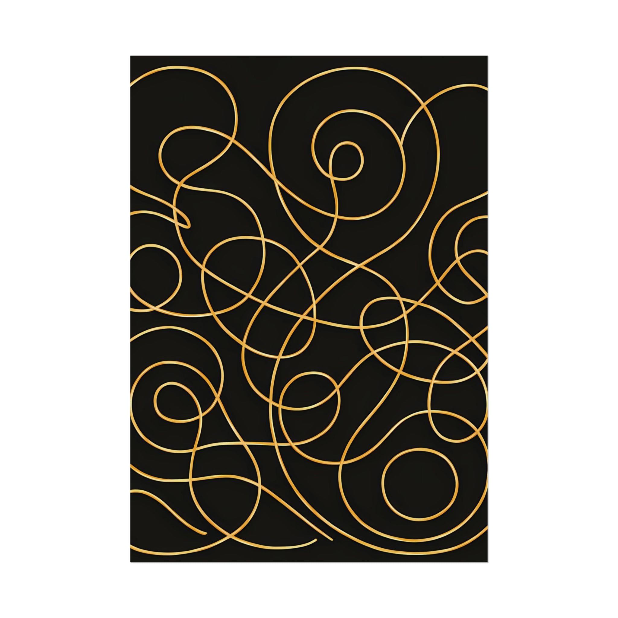Minimalist Black Wall Art Print – Abstract Swirl Poster – Gold Looping Line Drawing – Modern Artwork – Scandinavian Japandi Style – Unframed