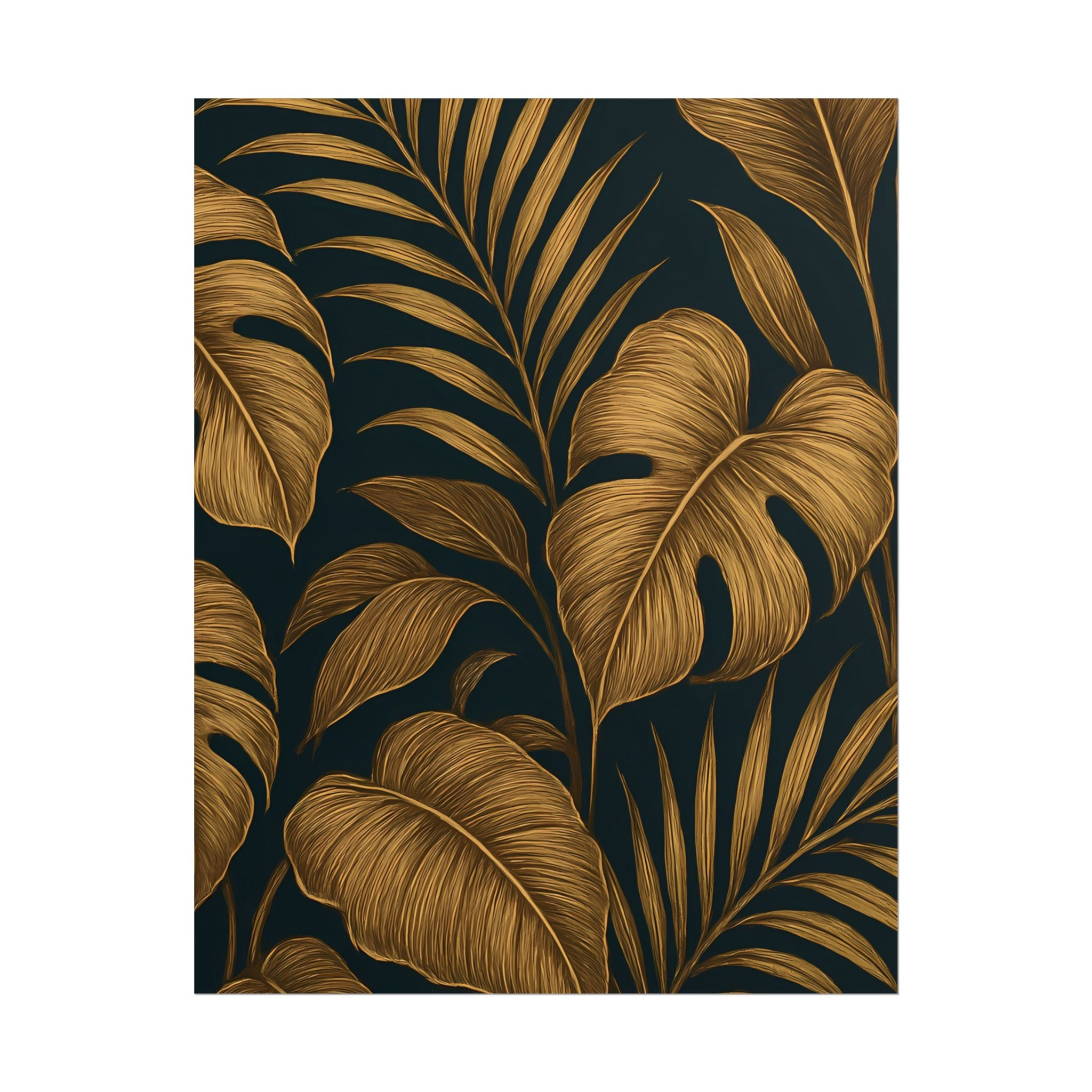 Gold Foliage Wall Art Print – Monstera Leaf Poster – Tropical Botanical Plant Illustration – Black Gold Nature Home Decor – Unframed