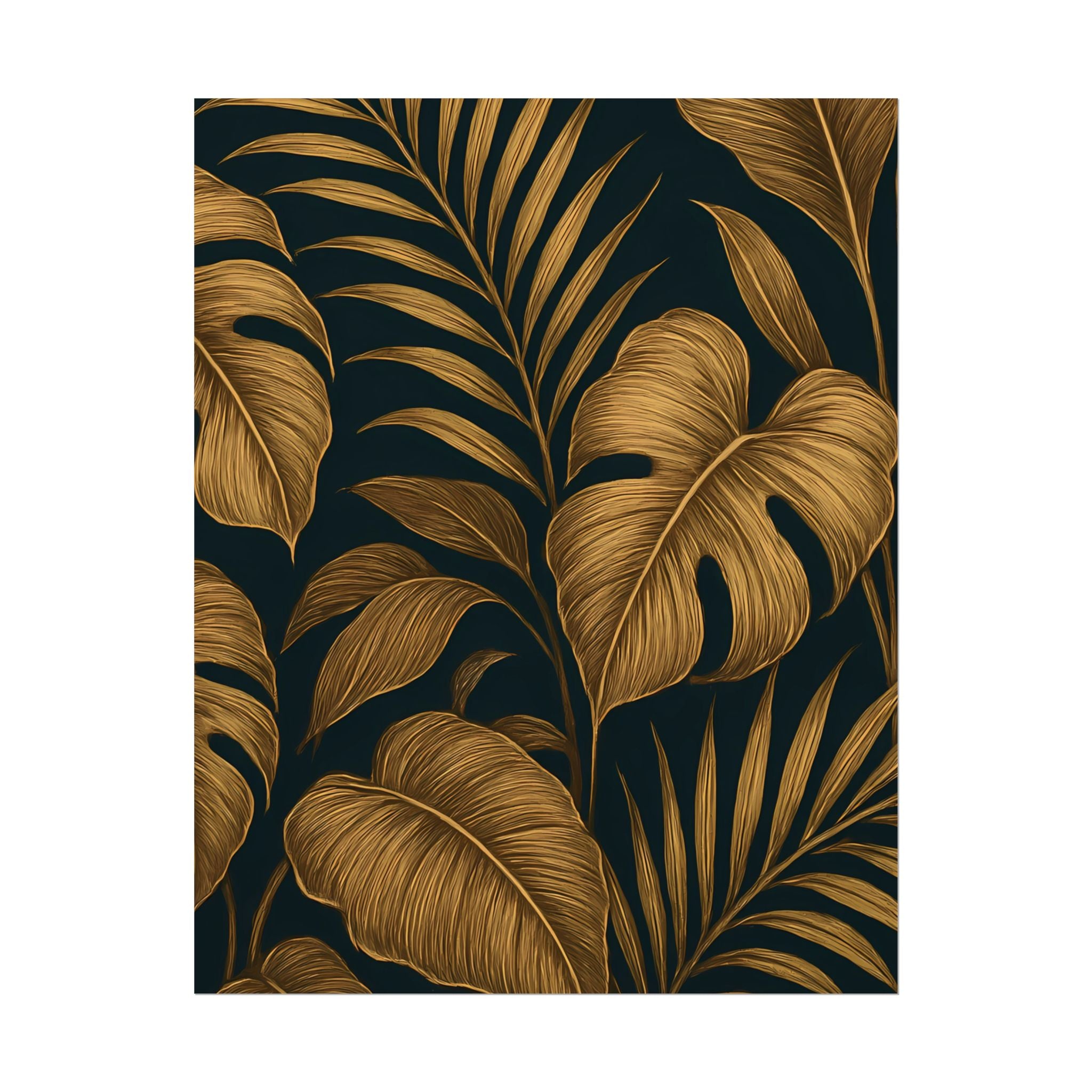 Gold Foliage Wall Art Print – Monstera Leaf Poster – Tropical Botanical Plant Illustration – Black Gold Nature Home Decor – Unframed