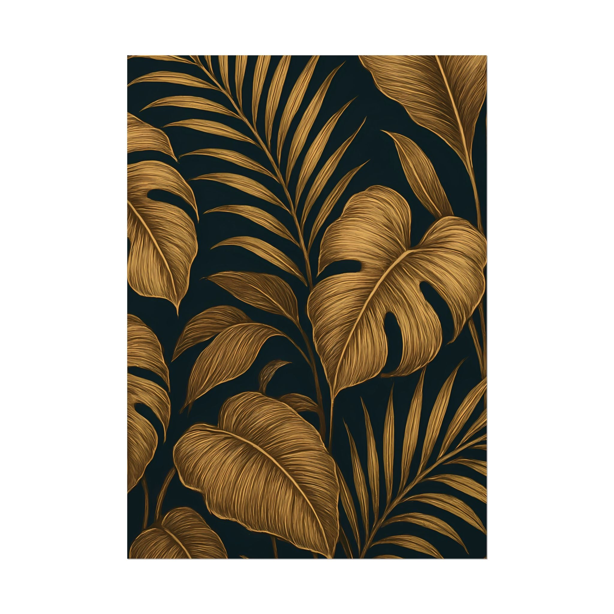 Gold Foliage Wall Art Print – Monstera Leaf Poster – Tropical Botanical Plant Illustration – Black Gold Nature Home Decor – Unframed