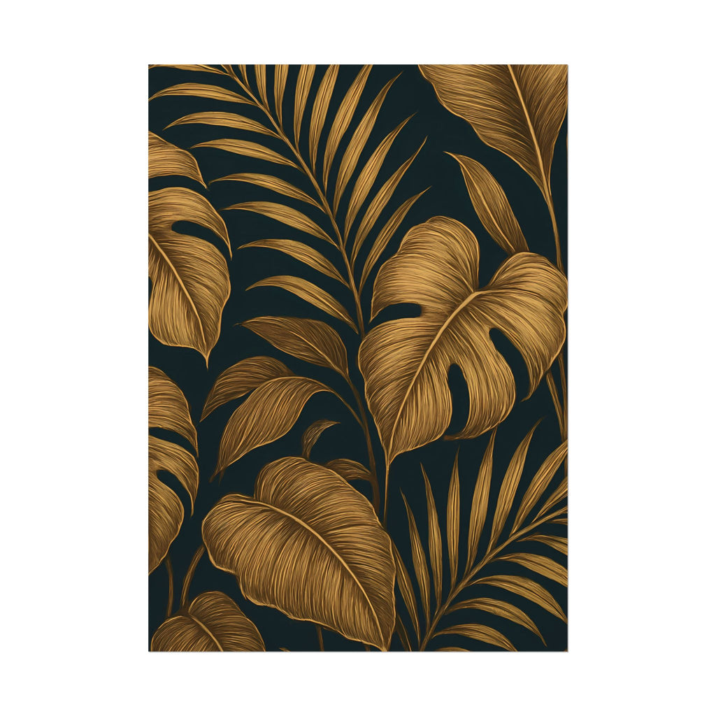 Gold Foliage Wall Art Print – Monstera Leaf Poster – Tropical Botanical Plant Illustration – Black Gold Nature Home Decor – Unframed
